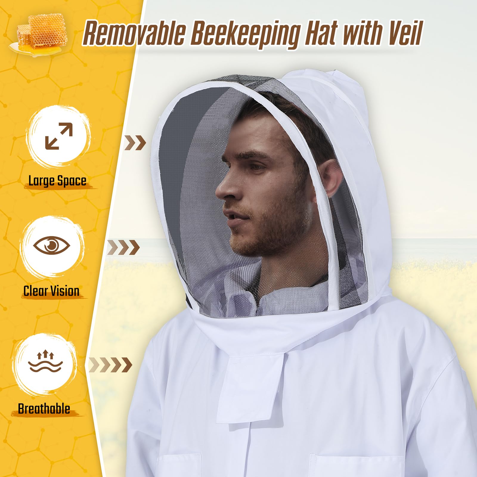 Combinaison apiculture tout corps avec capuche et voile, manteau protection apiculteur en coton, costume apicole anti-guêpes (XL) - 5