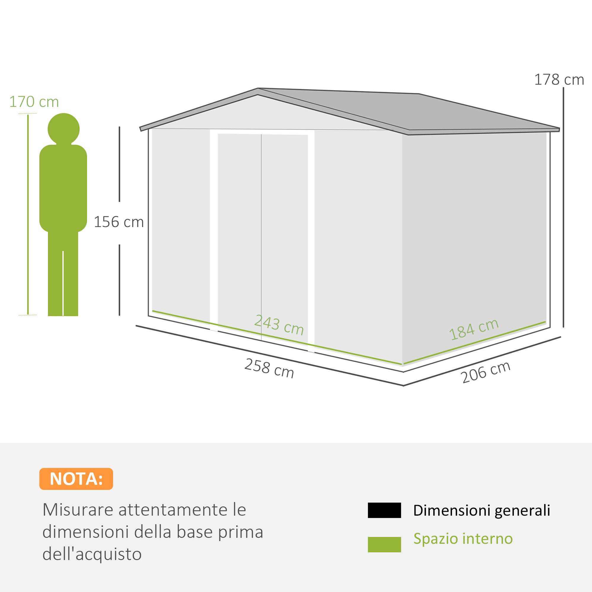 Outsunny Casetta Giardino Acciaio, Base, Porte Scorrevoli, 258x206x178cm, Verde - 3