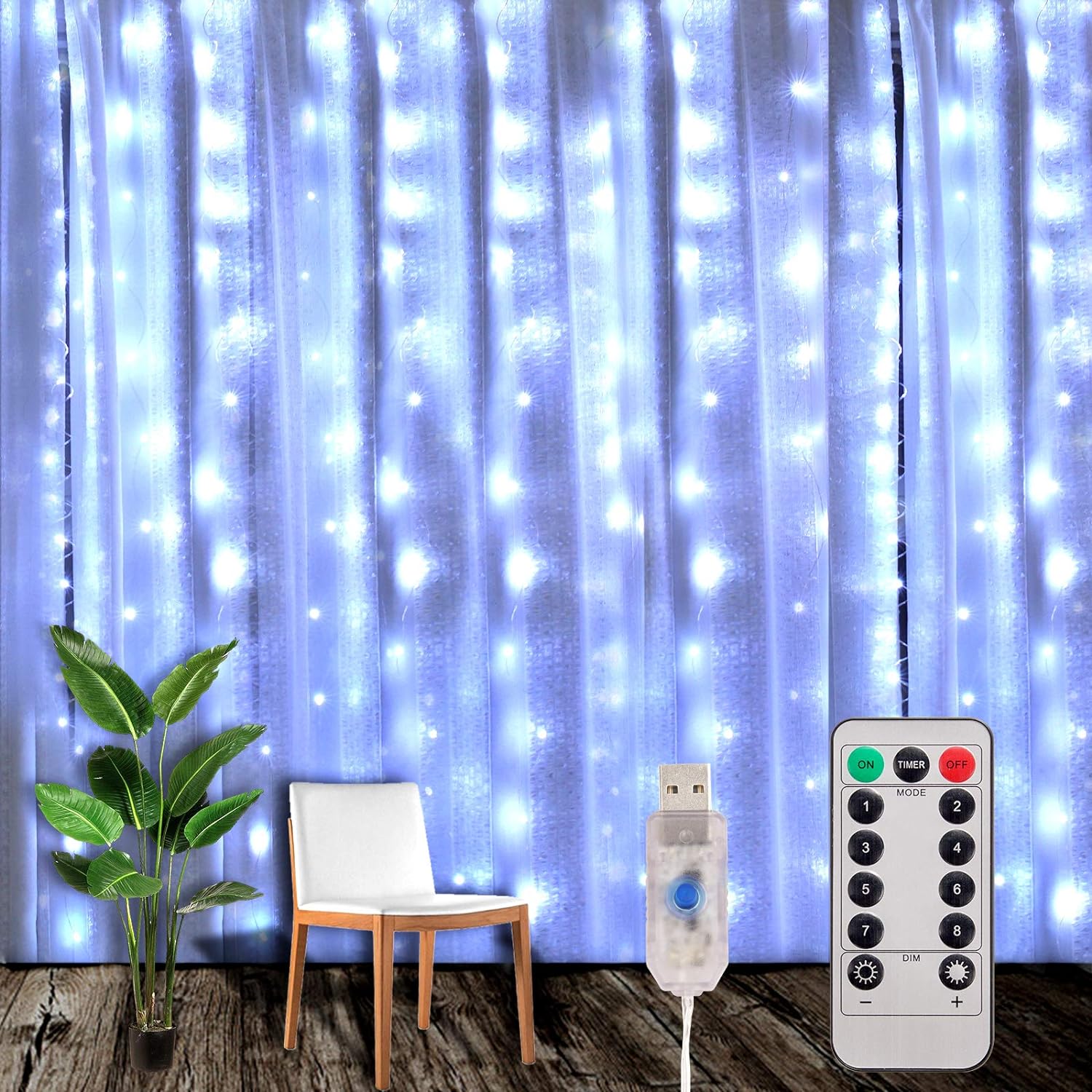 Kurtyna świetlna 3x3m Łańcuch świetlny LED Kurtyna łańcuchowa LED z 8 trybami, 300 LED, wodoodporna dekoracja IP44 na Boże Narodzenie (biały zimny)