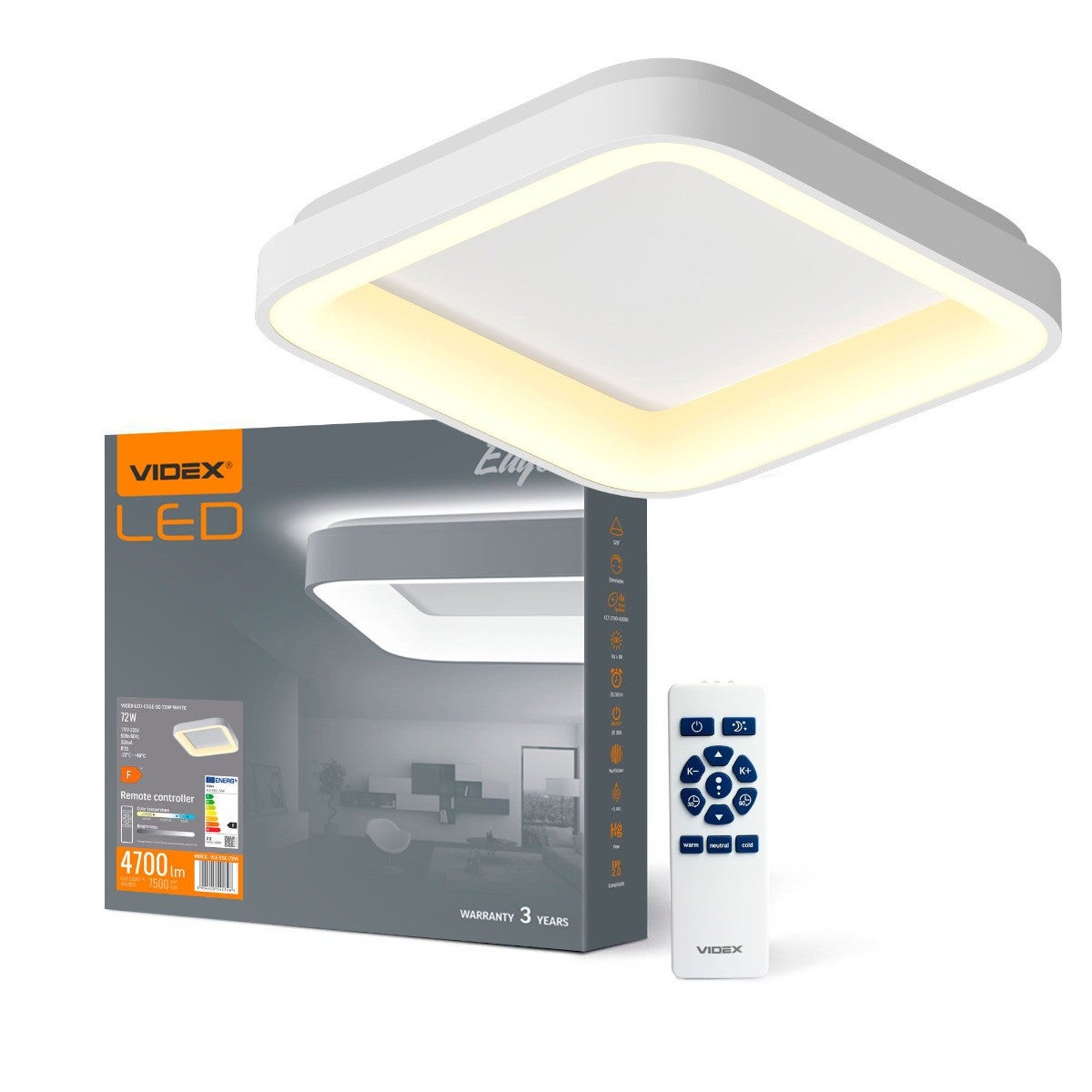 Plafon kwadratowy biały LED 72W z pilotem wym: 8 x 45 cm Videx