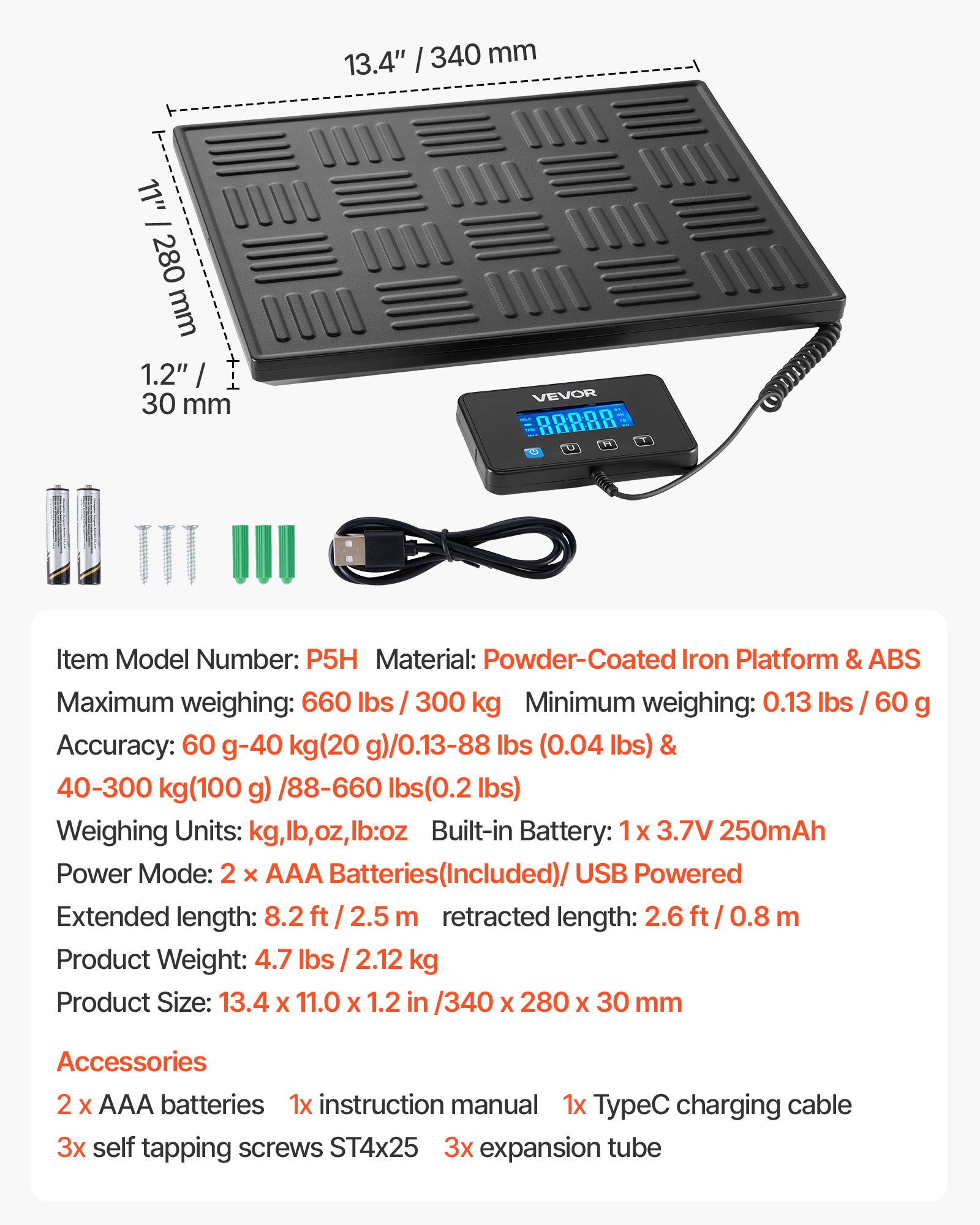 Balance Postale Numérique VEVOR 300 kg Double Précision 60 g–40 kg (20 g) / 40–300 kg (100 g) avec Tare, Maintien, Écran LCD pour Colis, Bagages - 7