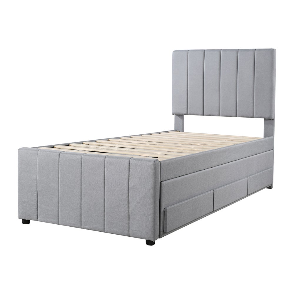 Lit simple 90 x 200 cm avec Lit gigogne 90 x 190 cm - 3 tiroirs - Tête de lit réglable - Tissu en lin - Gris - 8