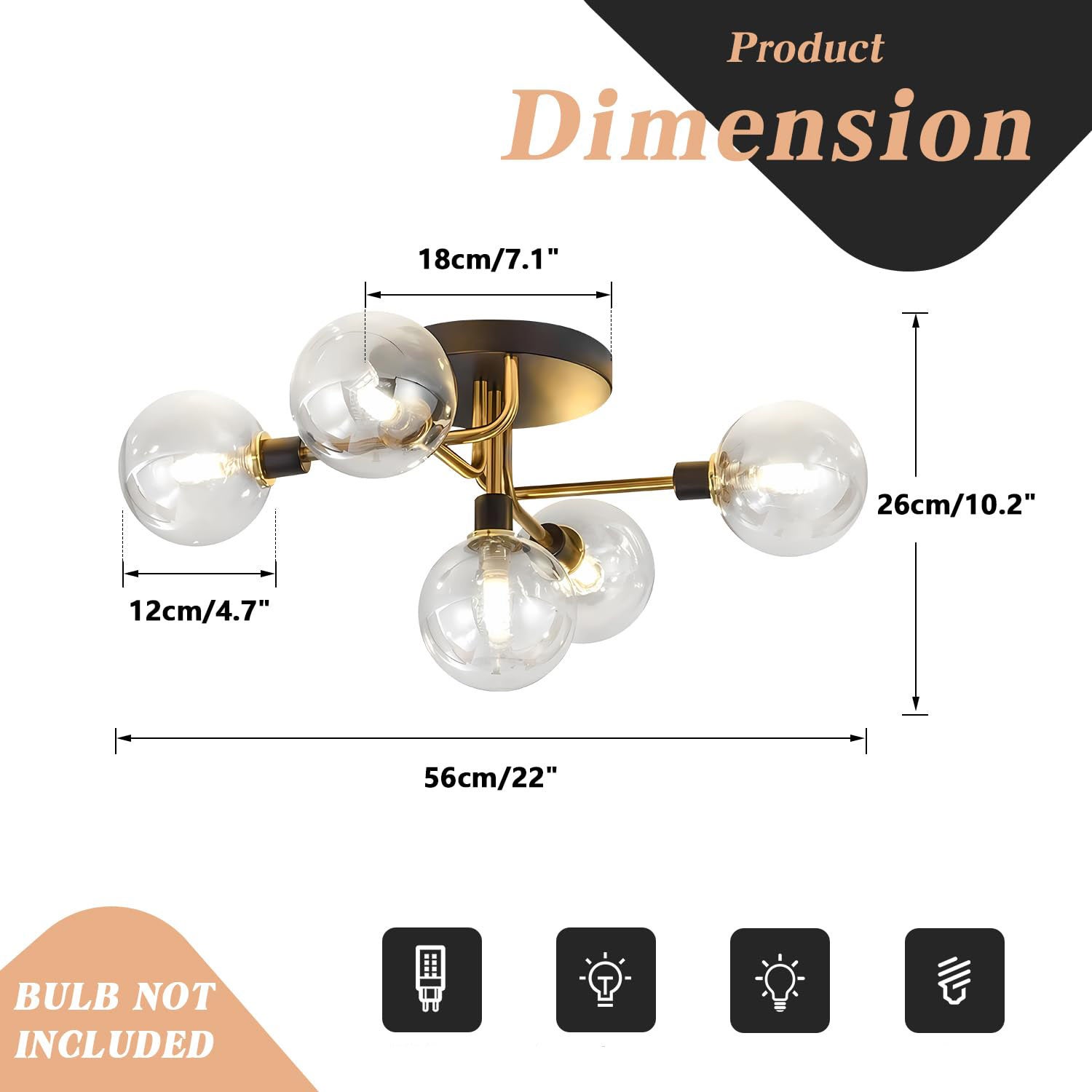 Plafonnier rétro médiéval, abat-jour en verre à lumière moléculaire de luxe avec sphère, lumière blanche, noir et or avec abat-jour transparent, G9 - 2