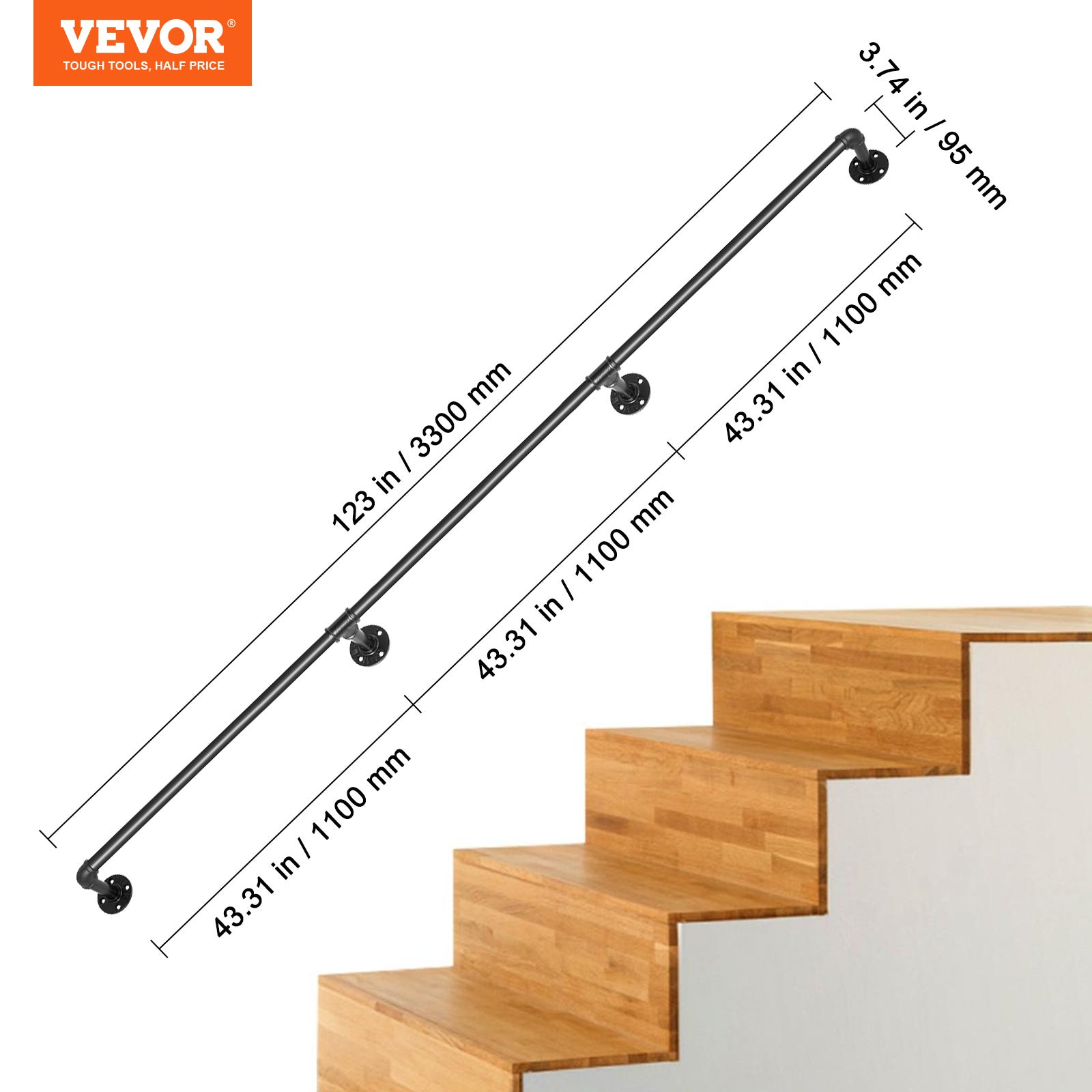 VEVOR 3 Tubes 3.3m Main Courante d'Escalier Murale en Acier Carbone Tube Capacité Charge 200kg/Tube pour Enfants Personnes âgées Intérieur Extérieur - 7