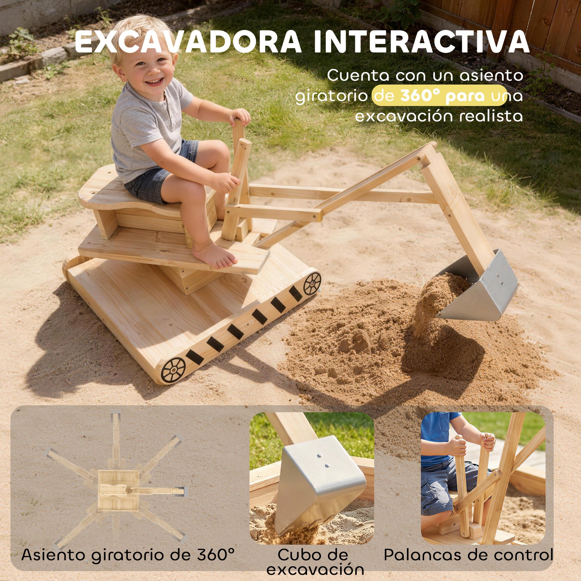 Bac à sable bois enfants 184x90x56cm avec pelle excavation, siège rotatif 360° et doublure, naturel - 7