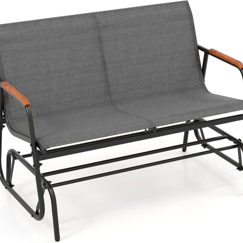 Ławka Ogrodowa z Funkcją Huśtawki, 115 x 74 x 84 cm, z Siedziskiem z Oddychającej Tkaniny, Zakrzywionymi Poręczami z Drewna Tekowego (2 Osoby)