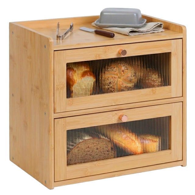 Caja para pan de bambú, 2 niveles, ventanas y puertas abatibles, 34 x 36,5 x 24 cm, color natural, Relaxdays