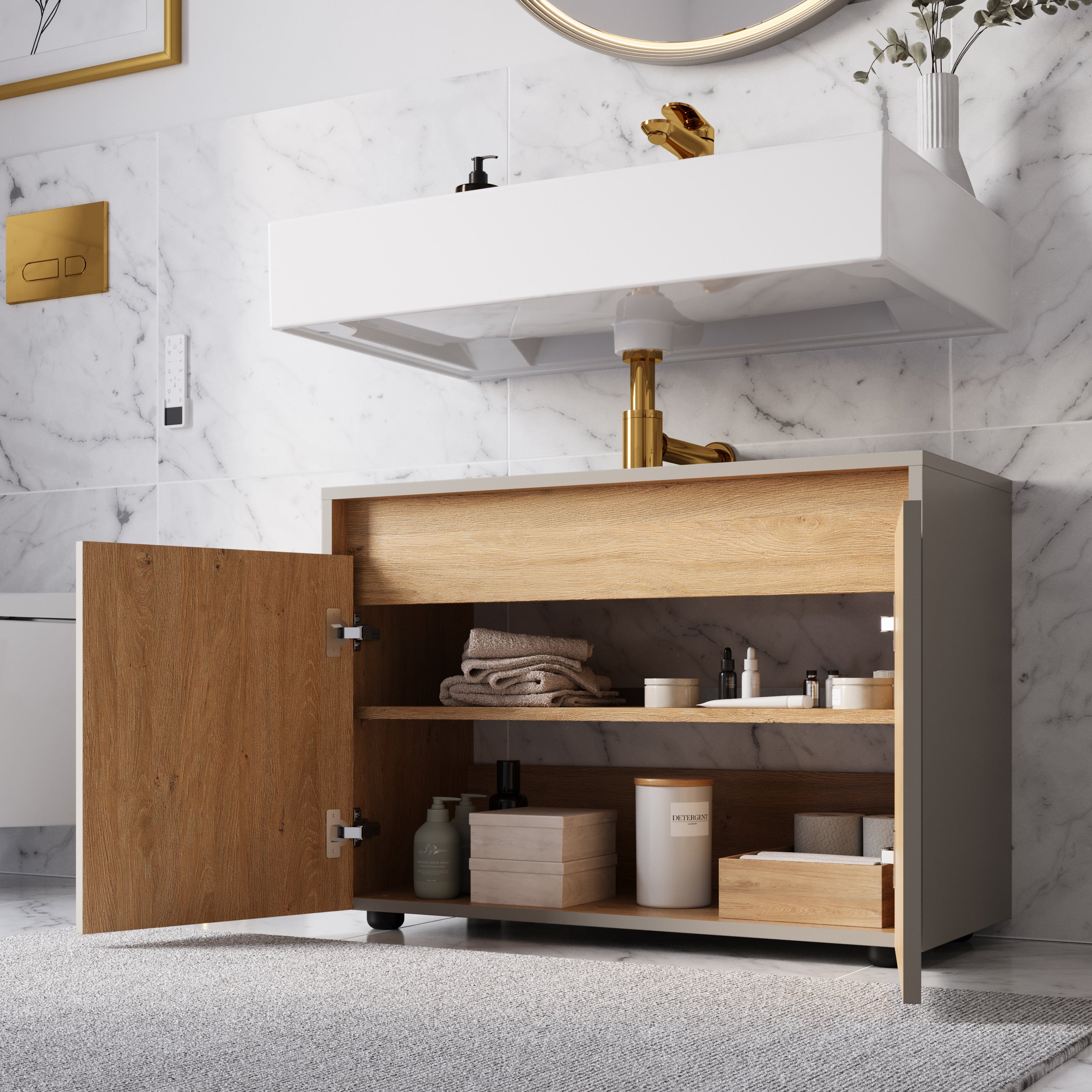 BERNSTEIN - Meuble sous vasque à poser MDF Gris soie mat 80x35x54cm (LxPxH) + 2 portes - BELDIVO - 4