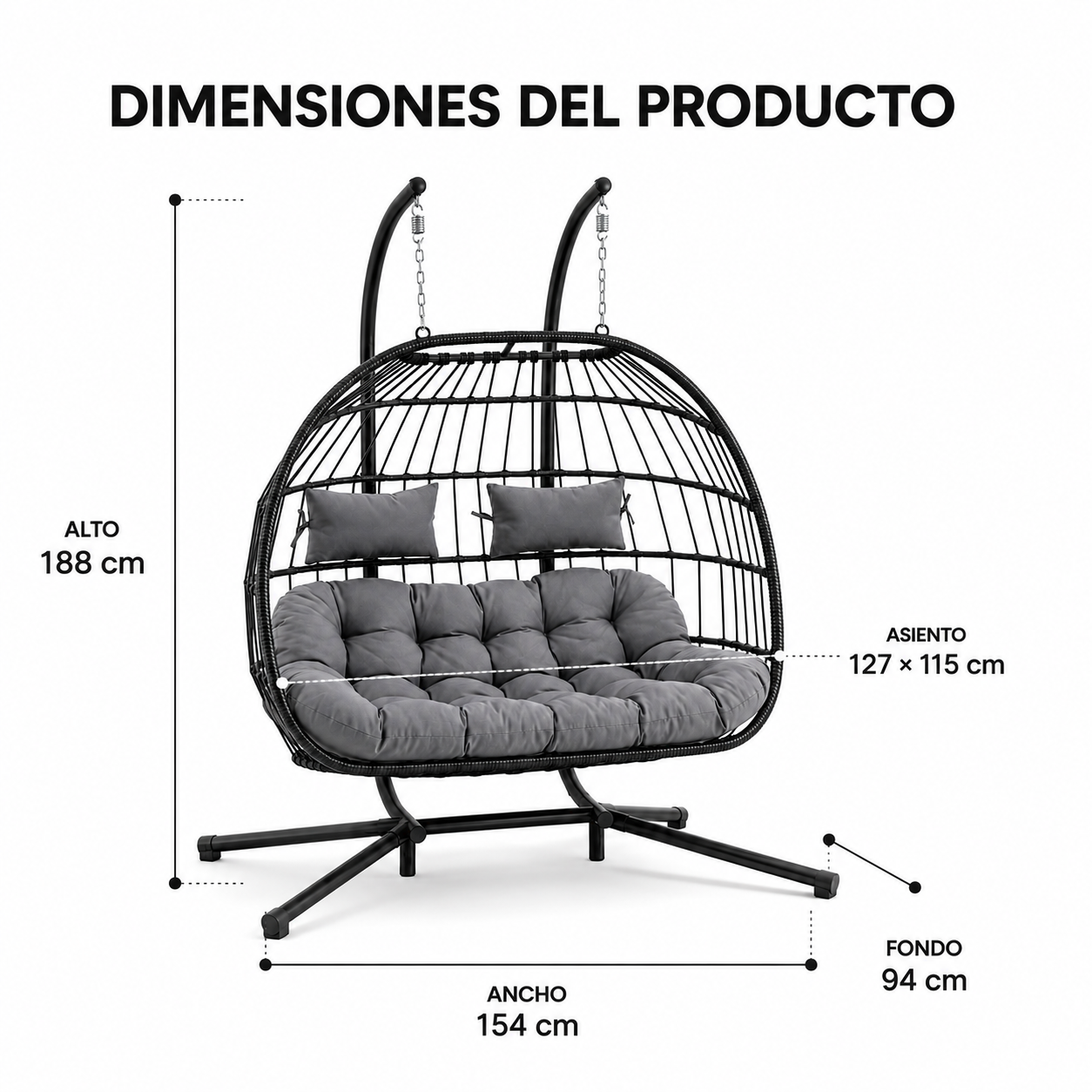 Cadeira suspensa desmontável 2 lugares cinza com almofada 280 kg - 6