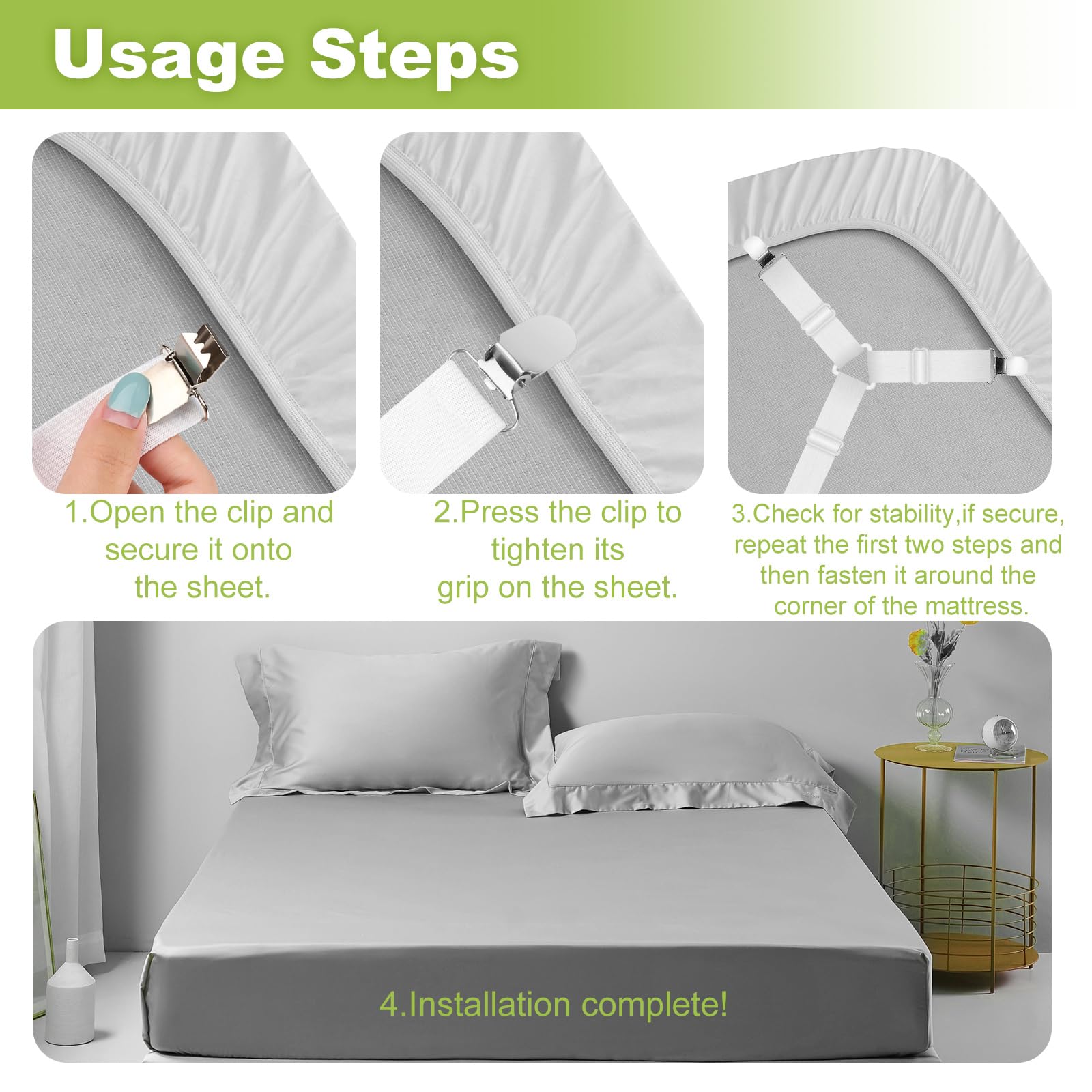 2 Pièces Tendeur Drap Housse,Attache Drap Housse avec Clips en Métal,Réglable Élastiques Triangle Sangles de Soutient,Compatibles avec Tous Les - 4
