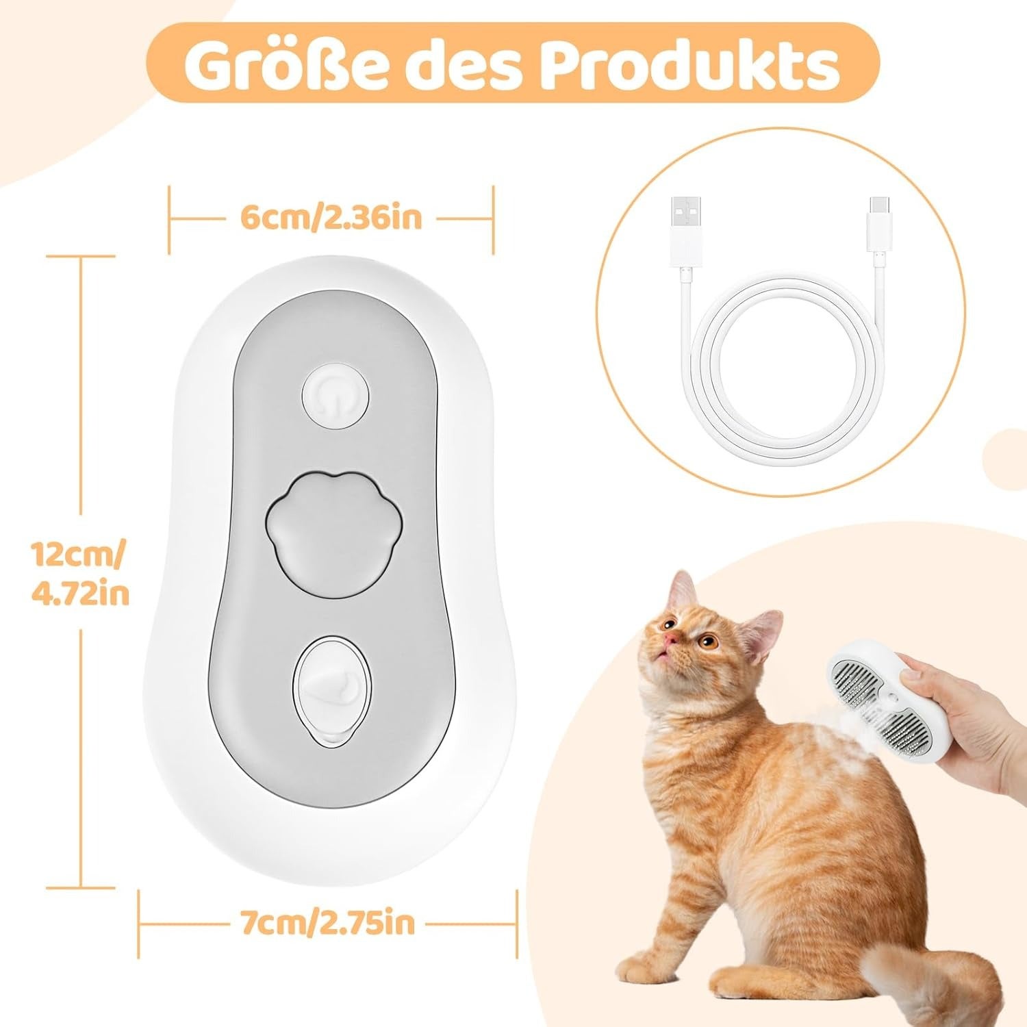 Brosse à Vapeur Pour Chat Et Chien Rechargeable - Auto-nettoyante, Réservoir 34 Ml, Brossage + Pulvérisation - Enlève Poils, Saleté - 5