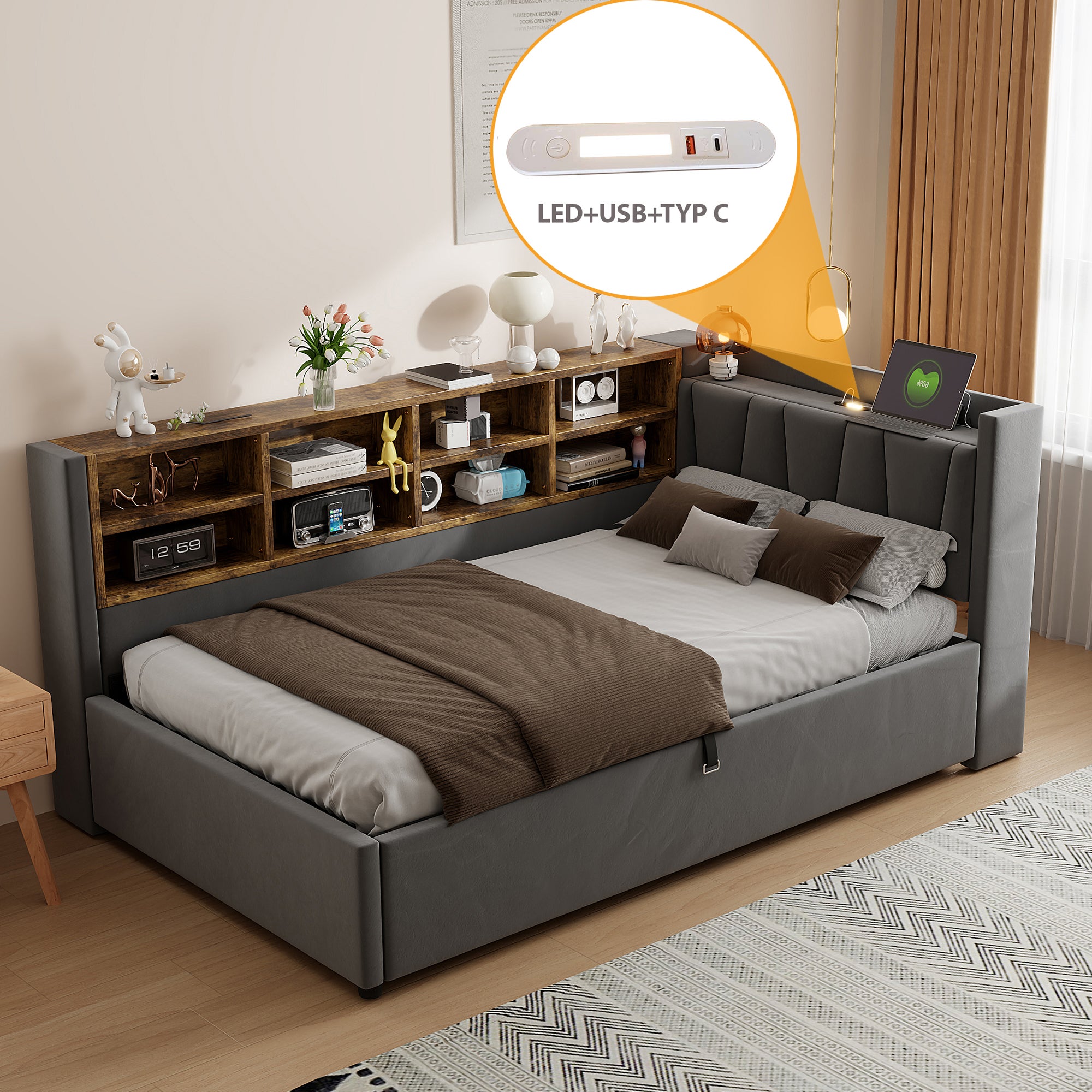 Sofa tapicerowana z funkcją spania i schowkiem 90x200cm - z oświetleniem - z portem USB i Type-C - Aksamitna - Ciemnoszara (bez materaca)