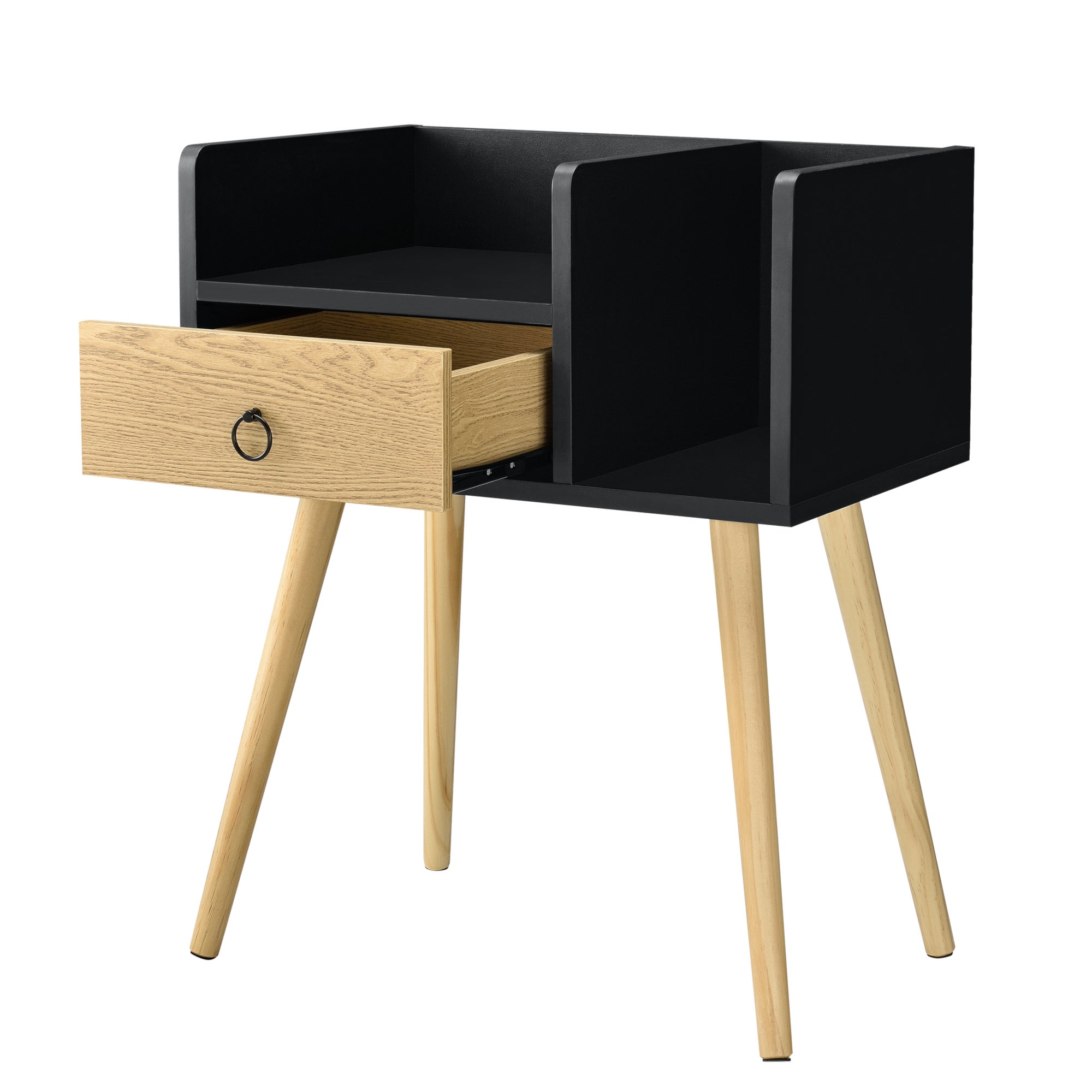Comodino Gibbston con Cassetto e 2 Scomparti Aperti 64x50x36 cm - Nero/Colore Legno [en.casa] - 2