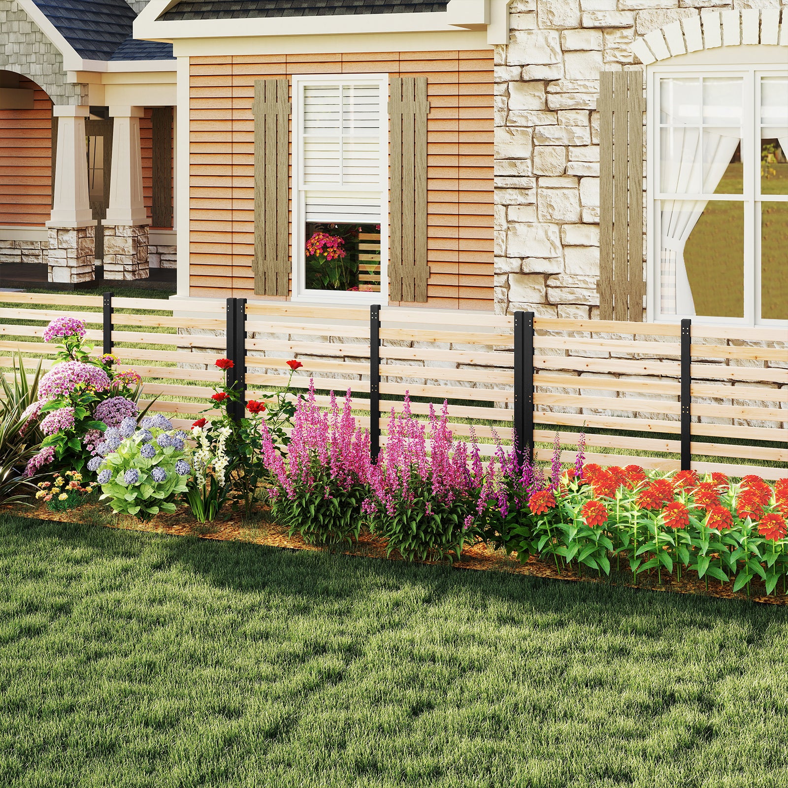 Clôture Jardin 2 Panneaux, Barriere Jardin à Lattes Modulable en Bois de Sapin avec Piquets, pour Poubelle, Climatiseur, 99x99x107CM, Naturel - 9