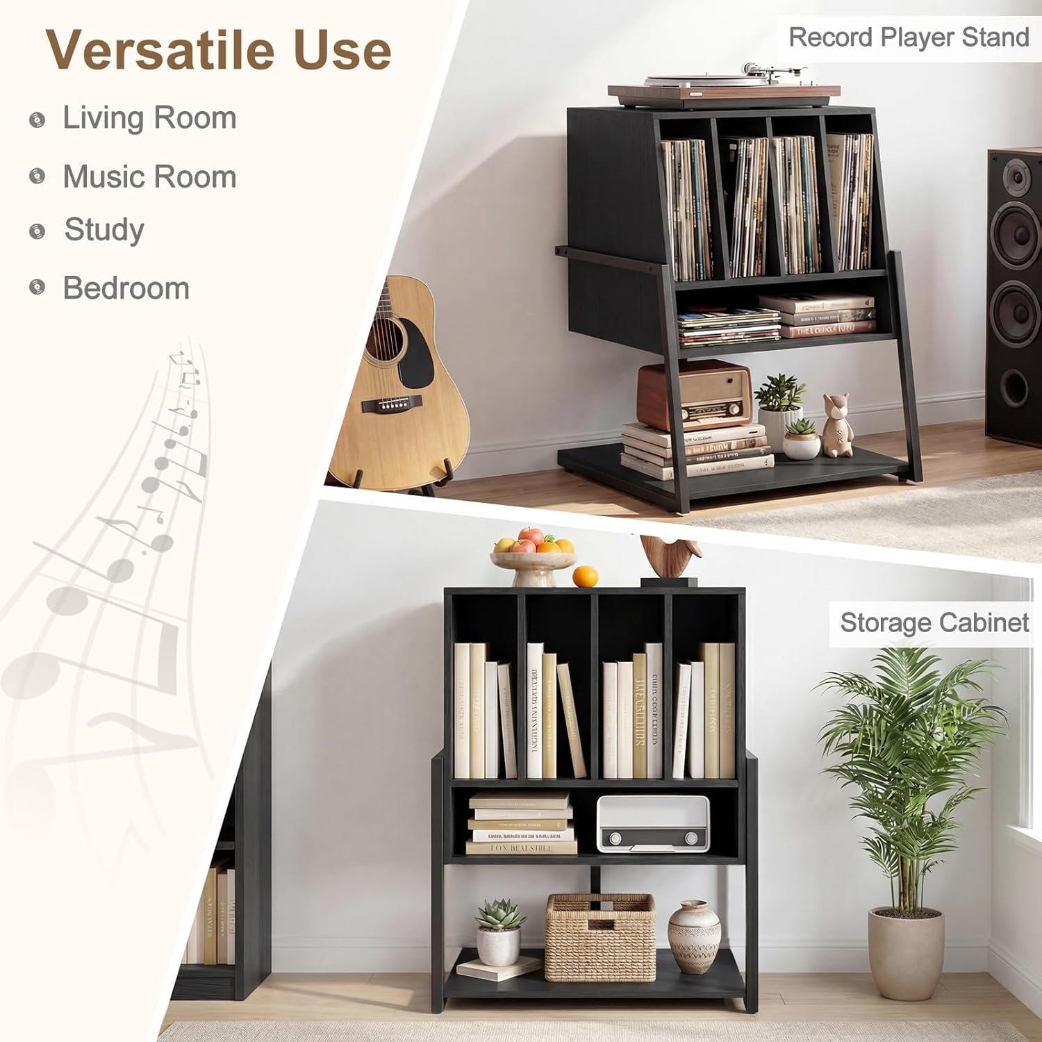 Meuble Platine Vinyle jusqu'à 180 Vinyle, 4 roulettes Inclus, Étagères, 5 Compartiments, Support Tourne Disque pour Albums, Manga, Livres, Noir - 5