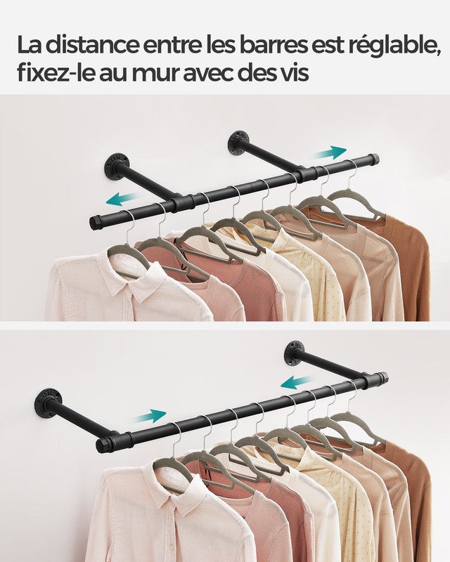 Tringle Vêtement Murale, Lot de 2, Penderie, Gain de Place, 30 x 84 x 7 cm, Capacité de Charge de 60 kg, en Acier, Noir - 3