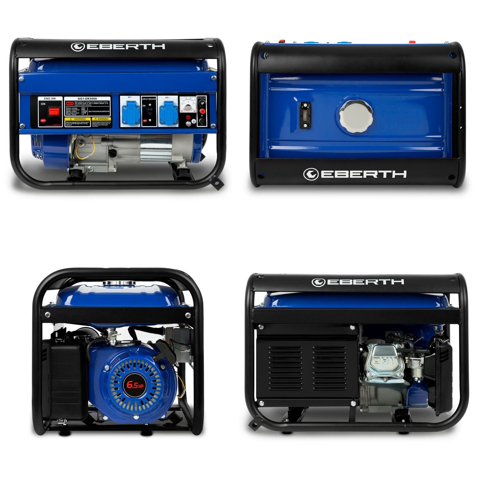 EBERTH 3000 Watt Groupe électrogène Generateur electrique portable moteur à essence 6,5 CV, 4 temps, 2x 230V, 1x 12V - 3