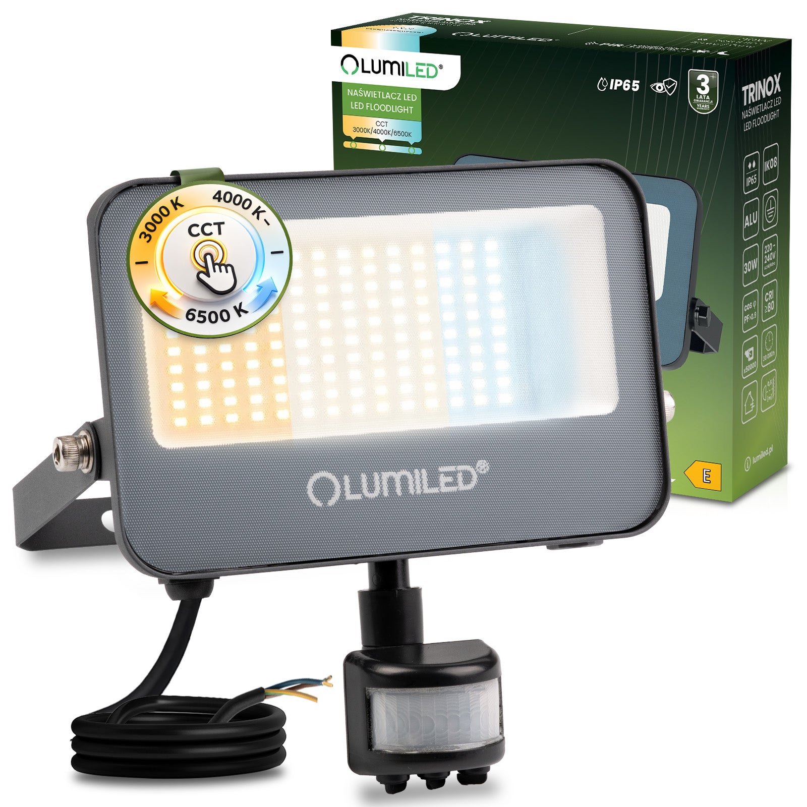 Naświetlacz LED Lumiled TRINOX 30W 3300lm CCT IP65 Szary Czujnik Ruchu i Zmierzchu 1 szt.