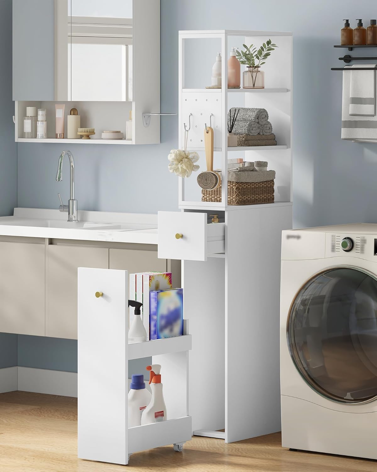 Mobile da Bagno, Mobiletto Portaoggetti, Alto, 3 Ripiani Aperti, 40 x 20 x 140 cm, Mobiletto Bagno Salvaspazio, per Bagnos, Soggiorno, Bianco - 3