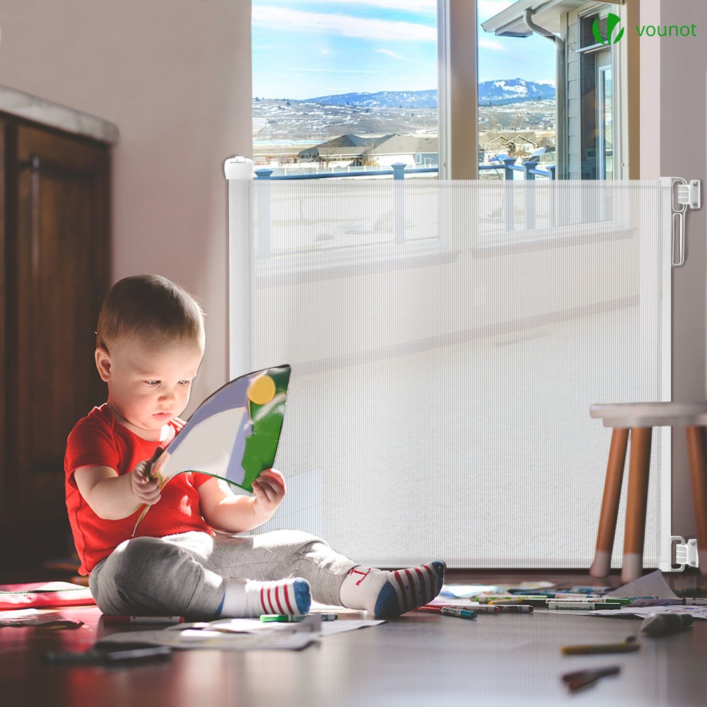 Barrière de sécurité rétractable à 180cm blanc - Double verrouillage à une main - Pour bébé enfant et chien - VOUNOT® - 5