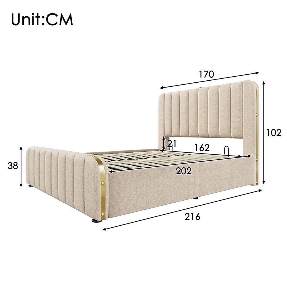 Lit coffre Lit rembourré Double tête de lit rembourrée fonction de chargement USB Type-C Lit 160x200 cm Beige - 4