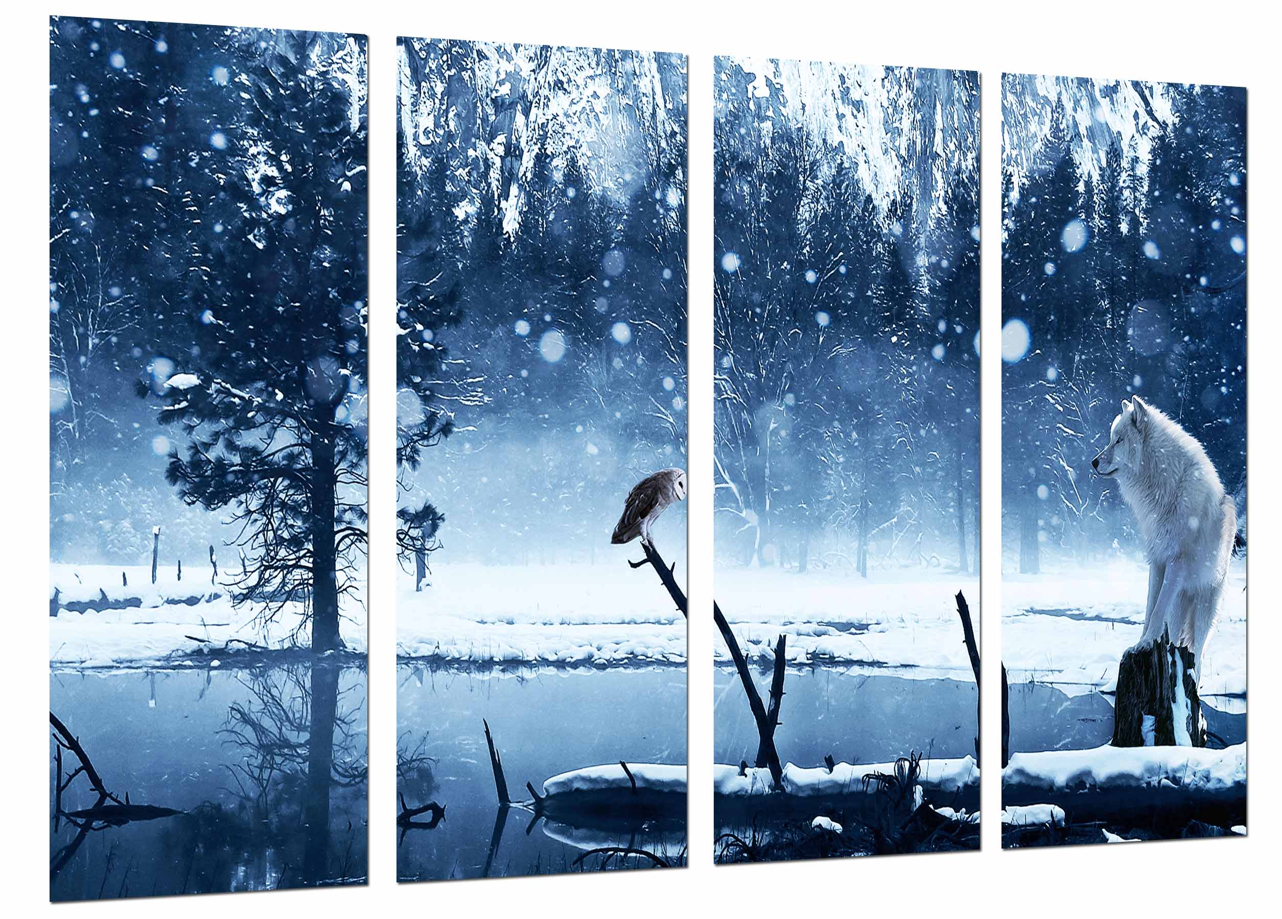 Lago helado, invierno, lechuza y lobo blanco, impresión fotográfica sobre madera, cuadro moderno decorativo