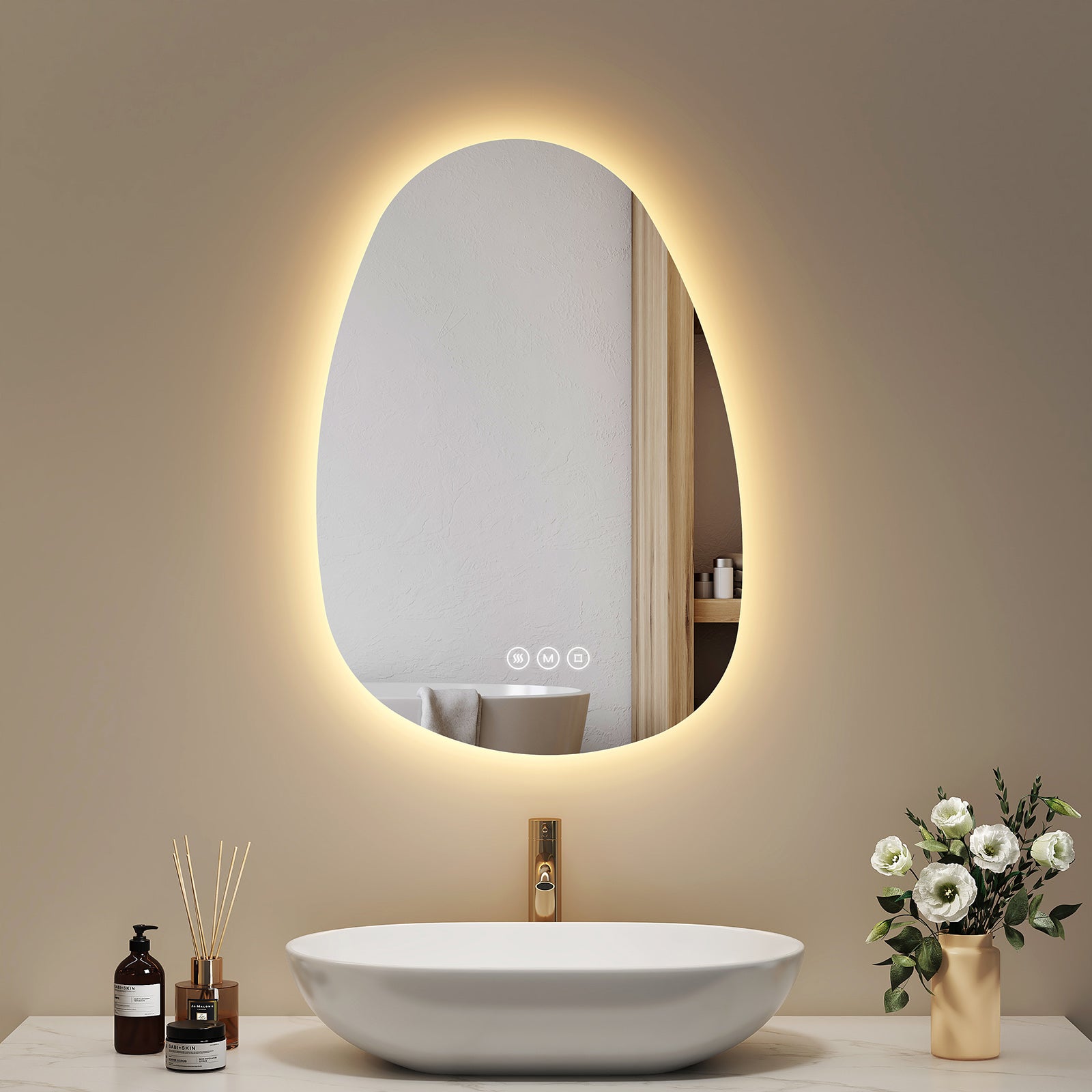 EMKE Specchio da bagno retroilluminato a LED, 50 x 60 cm, asimmetrico, da parete, con tocco, anti-appannamento, dimmerabile e 3 colori, specchio da parete senza cornice fai da te per camera da