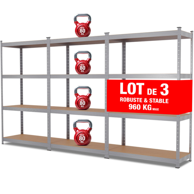 Triple étagère charges lourdes - 2M10 de long -12 plateaux - 210 X 150 - 30 cm - Gris