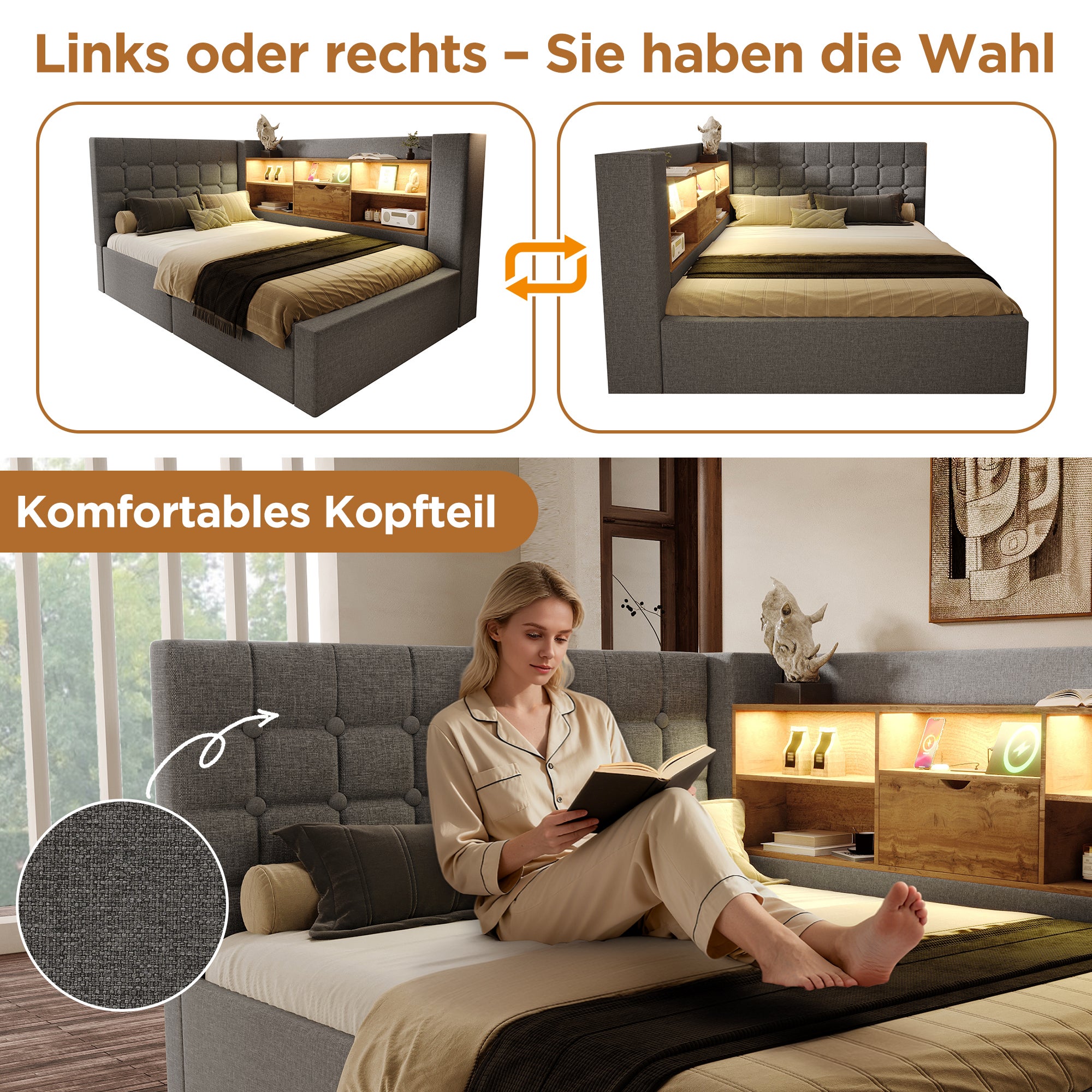 Łóżko z pojemnikiem 90 x 190 cm i 6 przegródkami – tkanina lniana – diody LED i porty USB – kolor szary (materac nie jest dołączony) - 4
