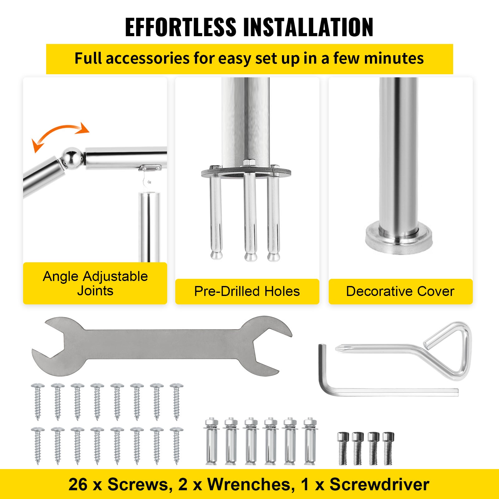 Main Courante en Acier Inoxydable VEVOR 4-5 Marches Capacité 200 kg Rampe d'Escalier Angle Réglable de 0-45° pour Jardin Extérieur et Intérieur - 6
