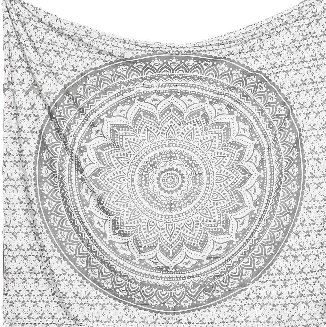 Gobelin hipisowski z mandalą ombré, w kolorze srebrnym i białym, 135 x 150 cm, styl boho, do dekoracji wnętrz, wykonany z indyjskiej bawełny, idealny - 2