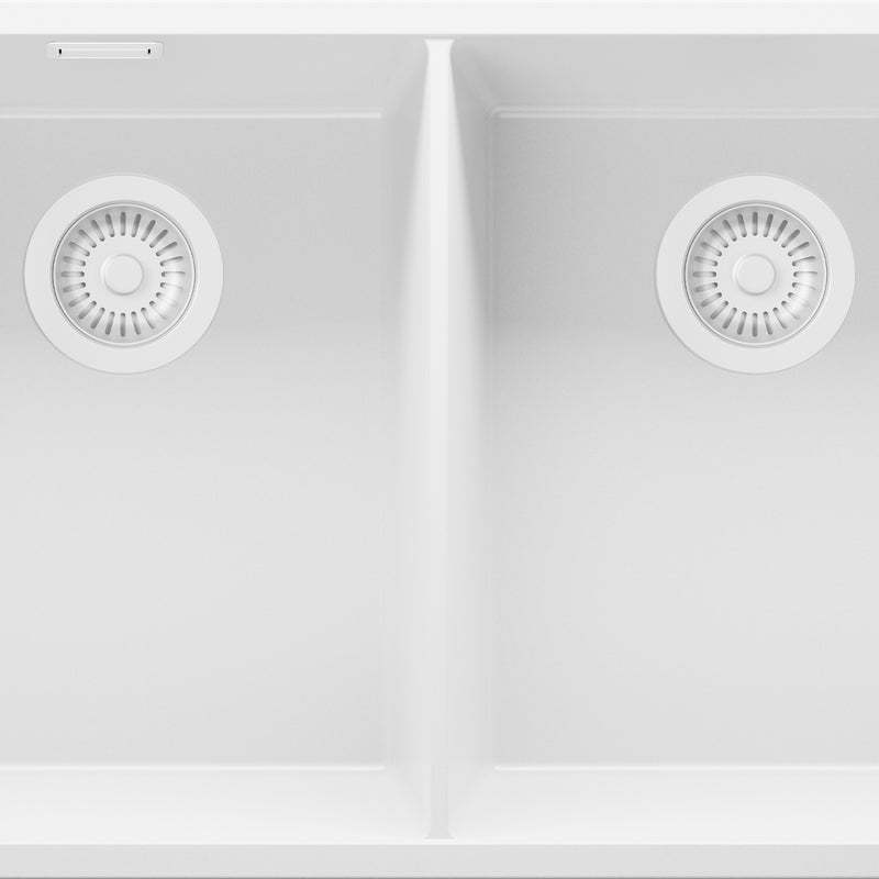 Zlewozmywak Cały Biały 76x47cm, Zlew Kuchenny 2 Komorowy + Syfon, Nablatowy do szafki od 80cm - Londyn Slim Twin PRIMAGRAN