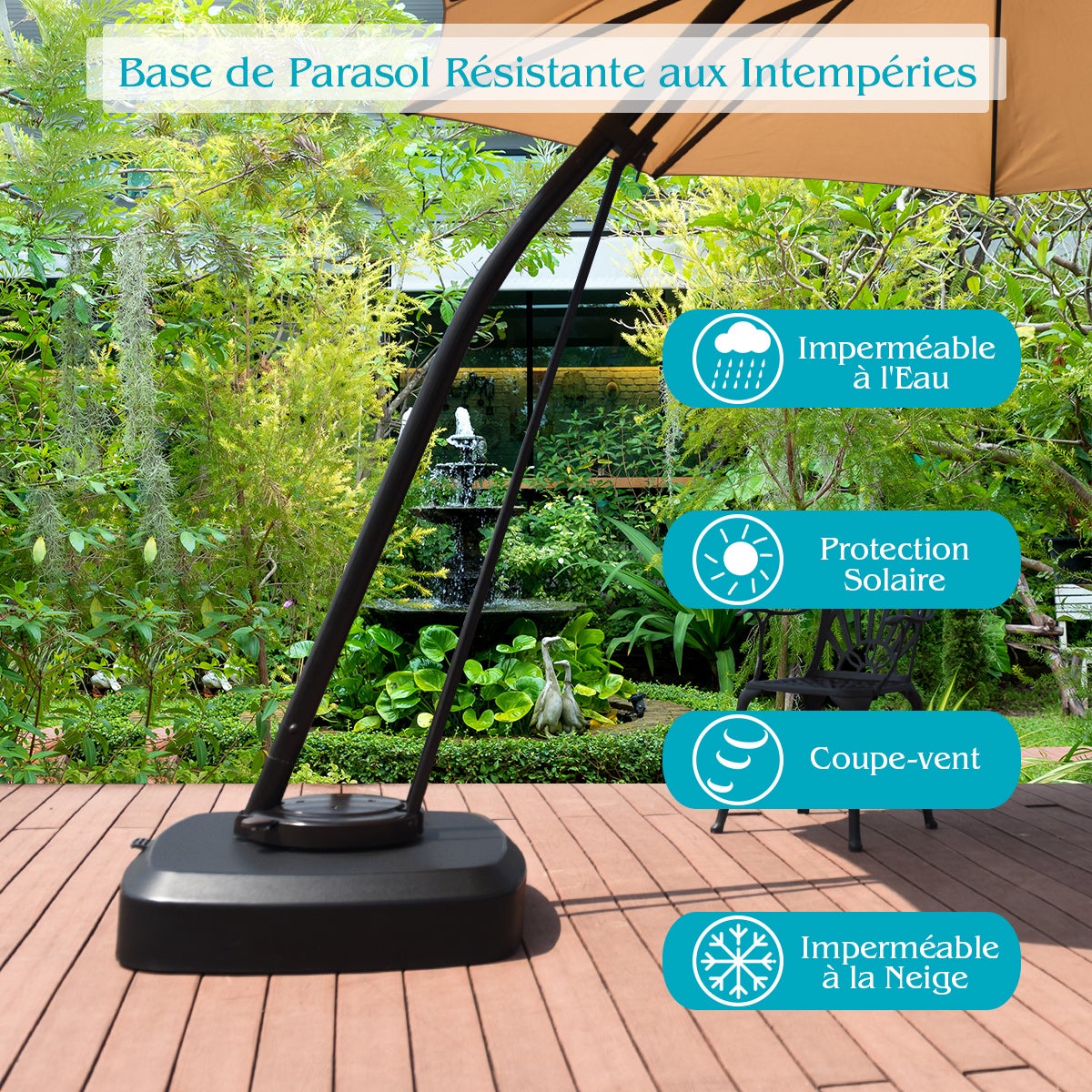 Pied Parasol avec Roulettes, Dalle Parasol Déporté avec Pédale de Commande, Rempli 150 kg Sable Humide/100 kg Eau, Base Portable pour Jardin, Noir - 5
