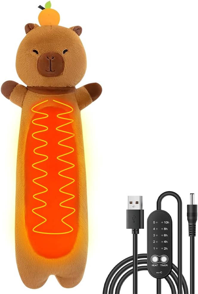 Poduszka grzewcza z pluszowej kapibary, poduszka grzewcza 54 x 17 cm z 5 ustawieniami ciepła, elektryczna poduszka grzewcza