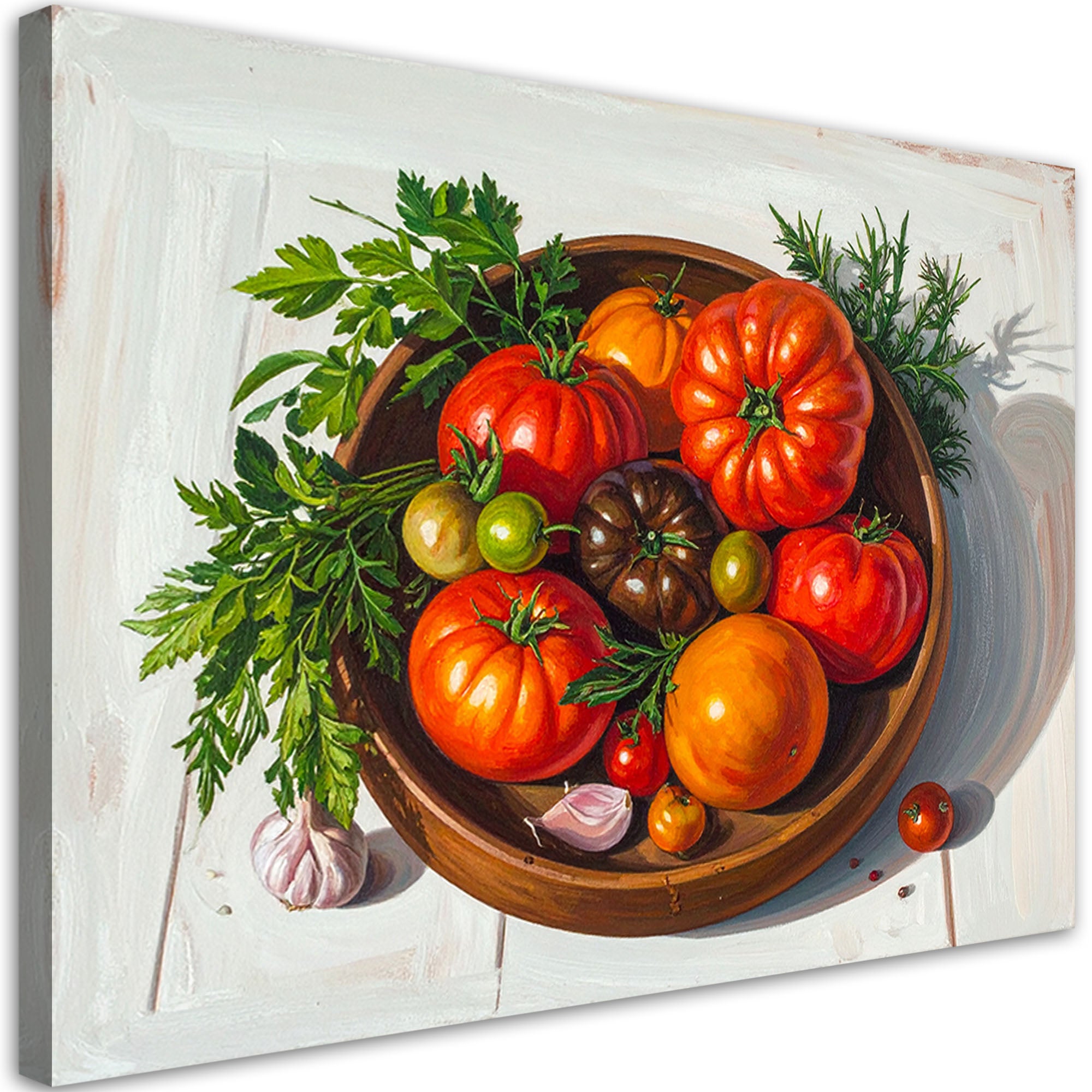 Obraz do kuchni jadalni restauracji, Martwa natura pomidory i zioła w misce 100x70