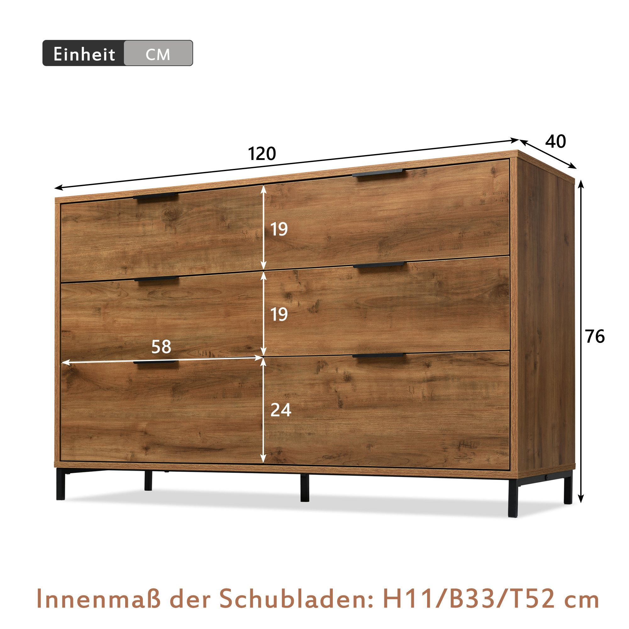 Commode à 6 tiroirs pour chambres et salons - 120 x 40 x 76 cm - chêne foncé - 4