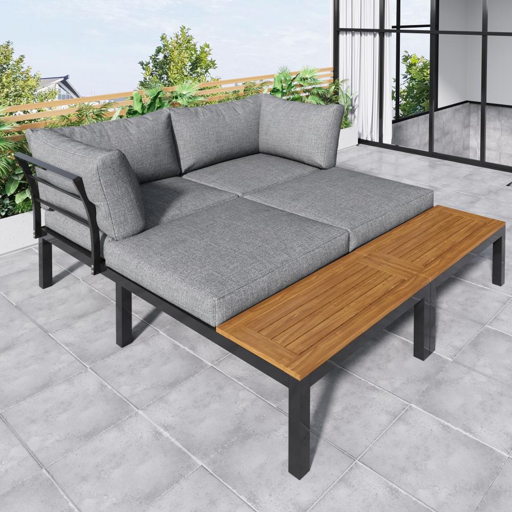 Ensemble Lounge de Jardin avec Structure en Acier Galvanisé, 2 Canapés 2 Places, 2 Tables Basses, 1 Table, Plateau en Bois d'Acacia - 2