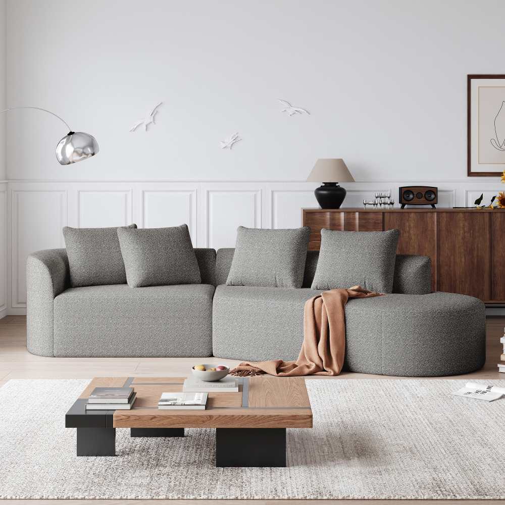 Nowoczesna narożna sofa Chenille, 4-osobowa, bardzo duża i głęboka, luksusowy komfort z 4 dekoracyjnymi poduszkami