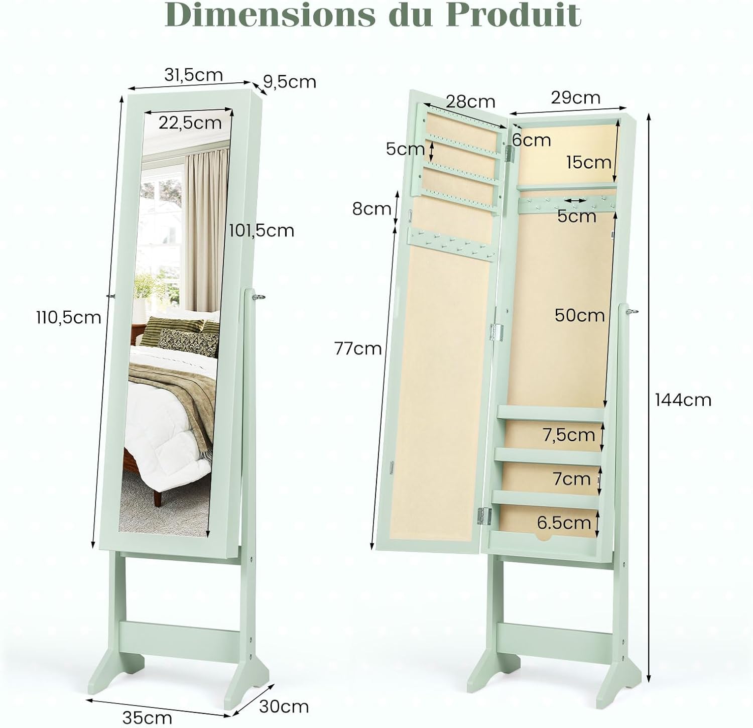 Armoire à Bijoux sur Pied avec Miroir Inclinable en 3 Positions, Armoire de Rangement Cosmétiques de Grande Capacité avec 4 Étagères(Vert) - 2
