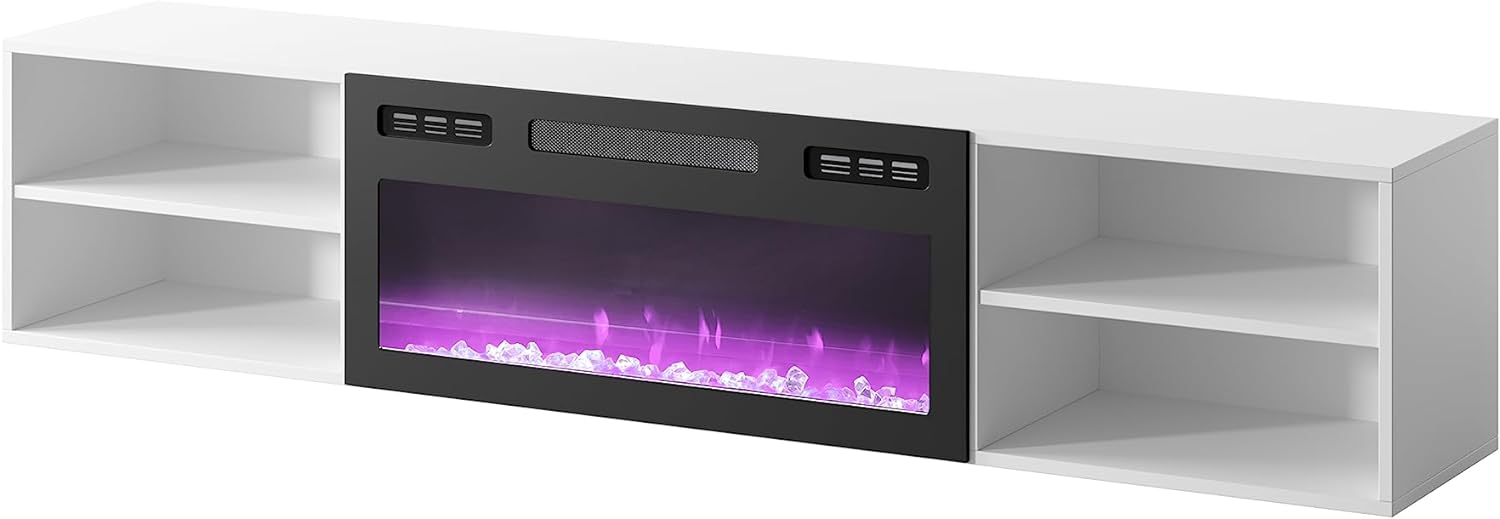 Meuble TV 200x51x33 cm blanc mat ROLLI avec cheminée intégrée noir meuble Hi-fi à susprendre ou á poser - 3