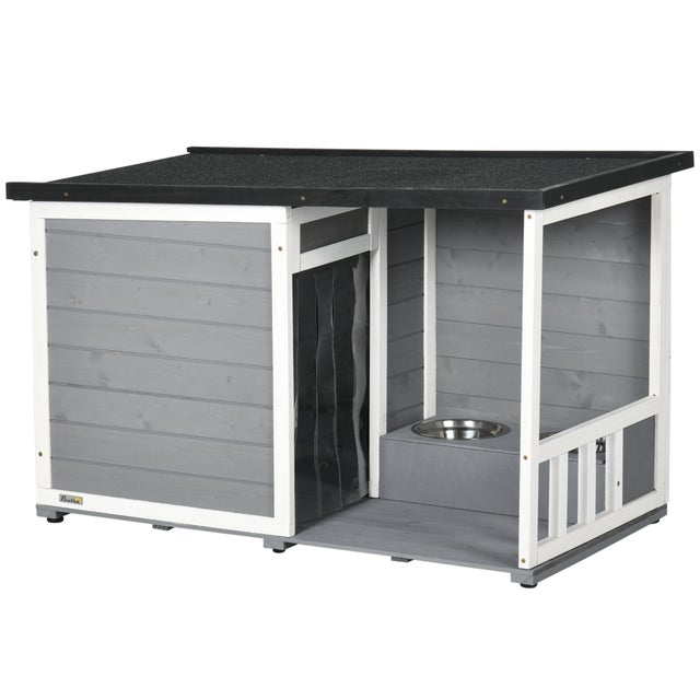 PawHut casinha para cachorro com varanda em madeira de pinho, resistente ao tempo, telhado de asfalto, 2 tigelas integradas, cinza, 103x62x60-66 cm
