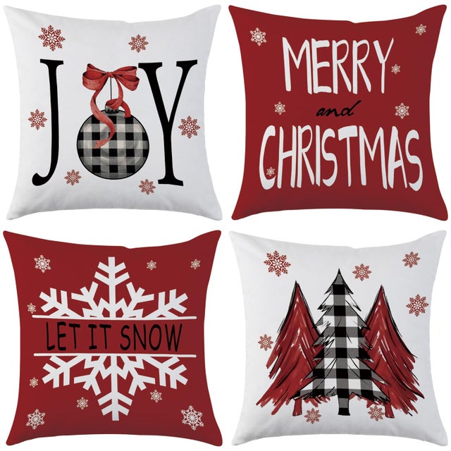 Ensemble de 4 taies d'oreiller de noël 45x45CM, housses de coussin carrées en lin avec fermeture éclair invisible (noyau d'oreiller non inclus)