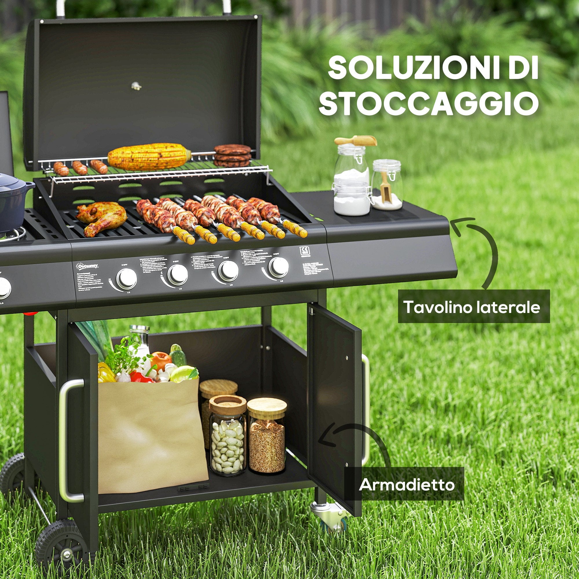 Outsunny Barbecue a Gas con Fornello Laterale, Tavolino e Armadietto, in Acciaio e PP, 129.5x56x110 cm, Nero - 6