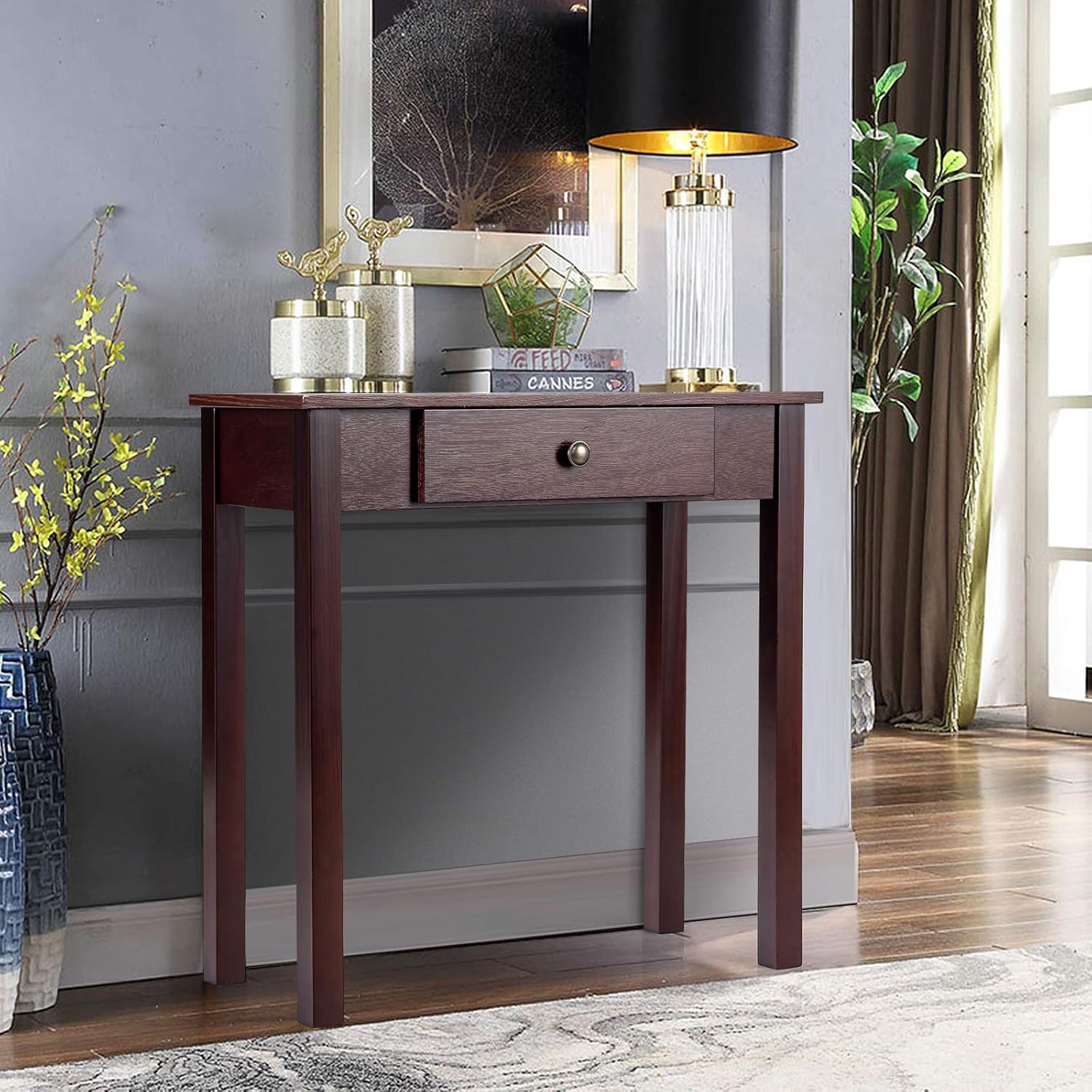 Table Console avec Tiroir, Table de Chevet avec Pieds en Bois Massif, Table d’Appoint pour Salon, Salle de Bain, Couloir (Marron) - 2