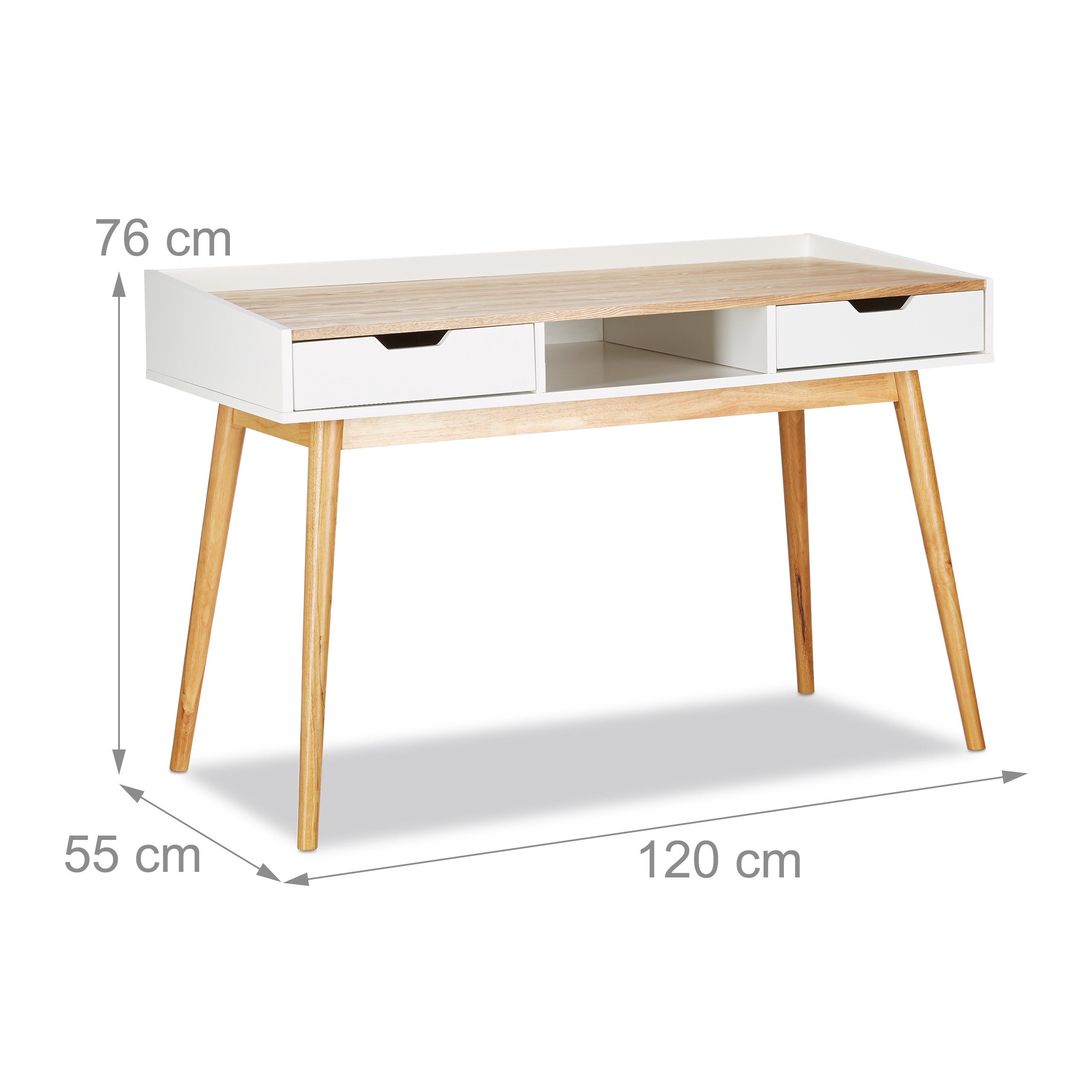 Bureau, Design scandinave, 2 tiroirs, Table d’ordinateur HxLxP: env. 76 x 120 x 55 cm, bois, blanc-brun, Relaxdays - 3