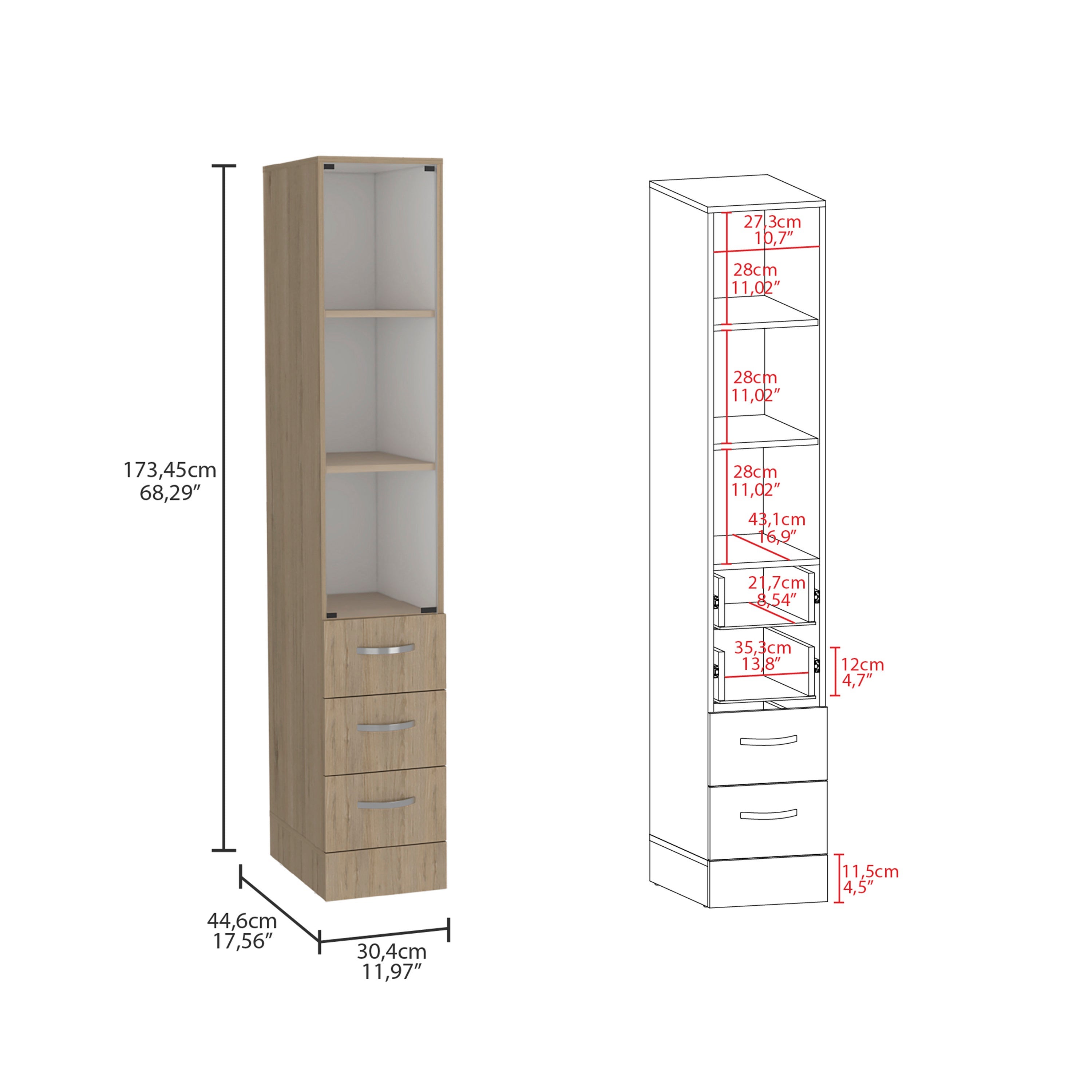 Vanguard Salle de bain Closet. Avec trois larges tiroirs. 17,56 cm P x 30,4 cm L x 173,45 cm A. Rovere / White - 6