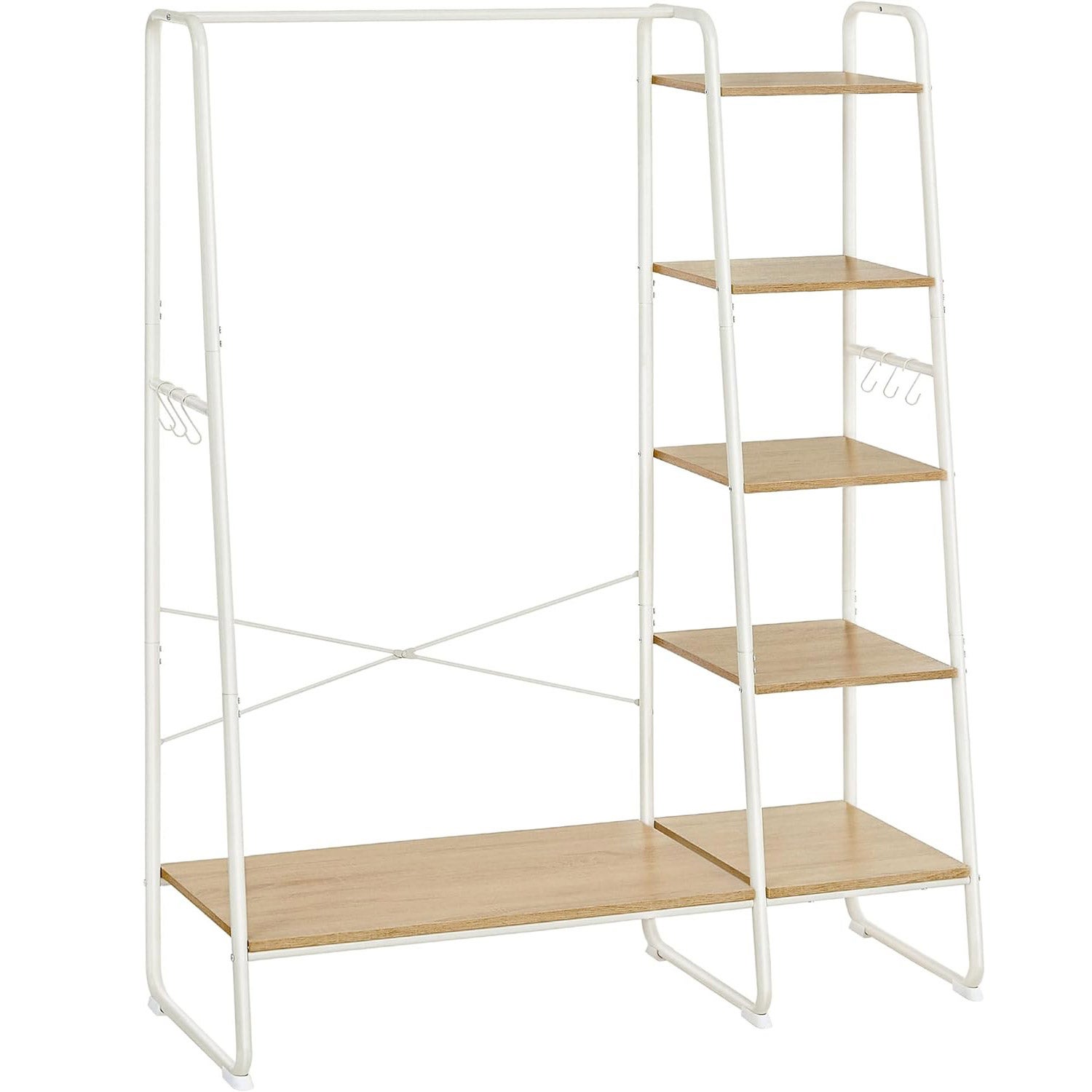 VASAGLE Raft pentru haine cu suport pentru pantofi, 5 polite, 6 carlige laterale, 45x120x160cm, alb