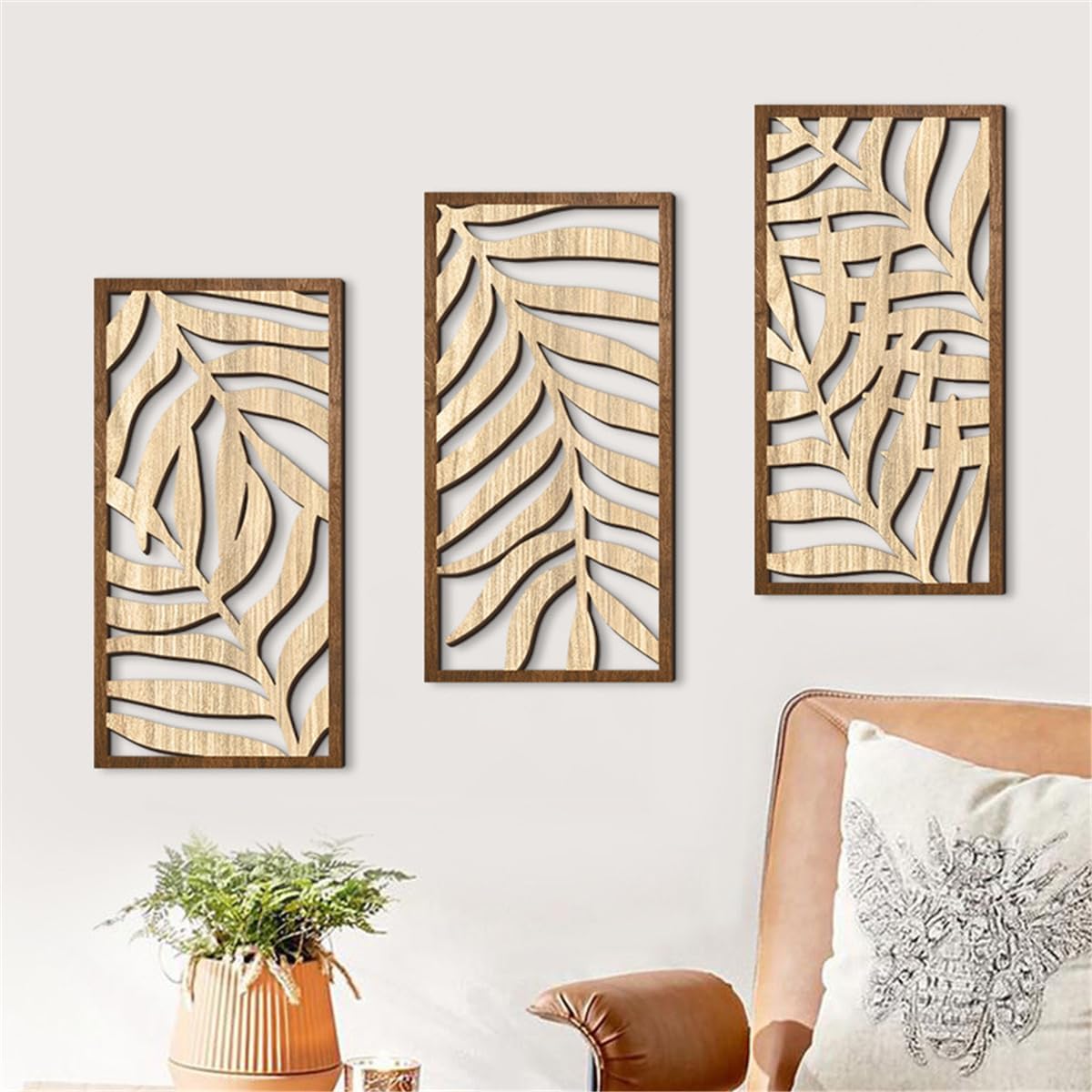 Lot de 3 décorations murales en bois feuilles tropicales, style minimaliste bohème, sculpture 3D découpée, pour salon chambre cuisine - 5