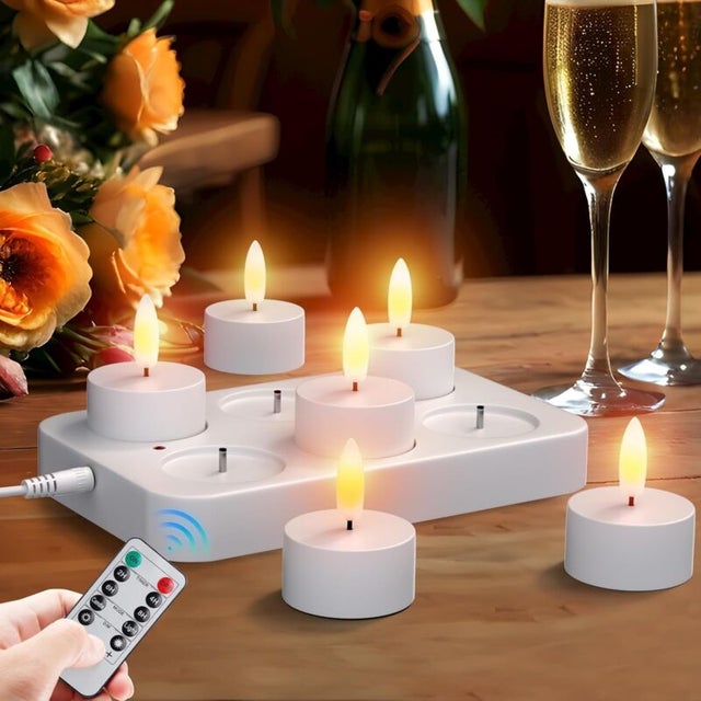 Lot de 6 Bougie LED Rechargeable Bougie Chauffe-plat LED Électrique Flamme Vacillante avec Station de Charge et Télécommande, Décoration