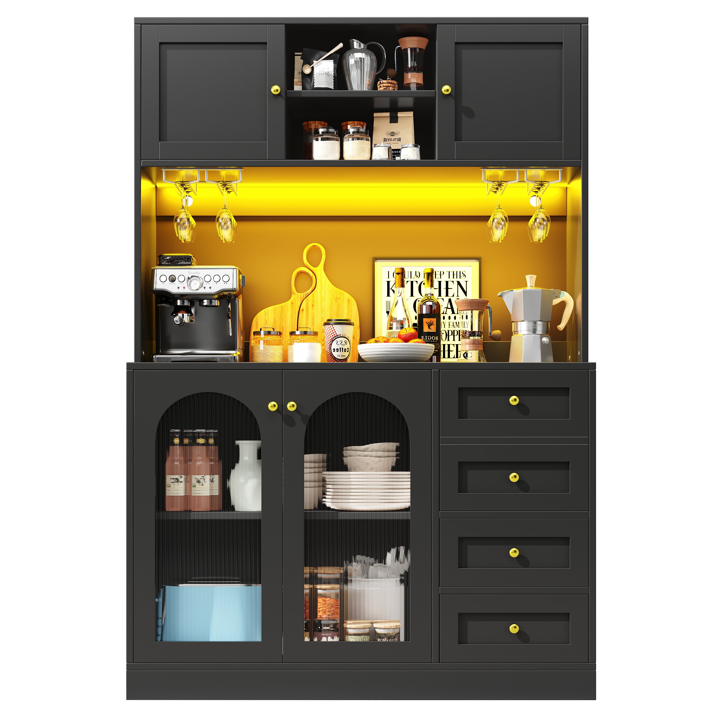 Buffet de cuisine haut avec 4 portes, 3 tiroirs et porte-gobelets - 120 x 40 x 188 cm - MDF - LEDs - Noir - 8